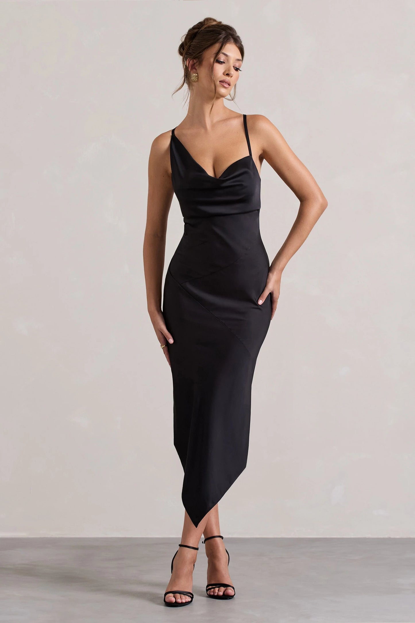 Fillie Black Satin Asymmetric Cowl-Neck Midi Dress
