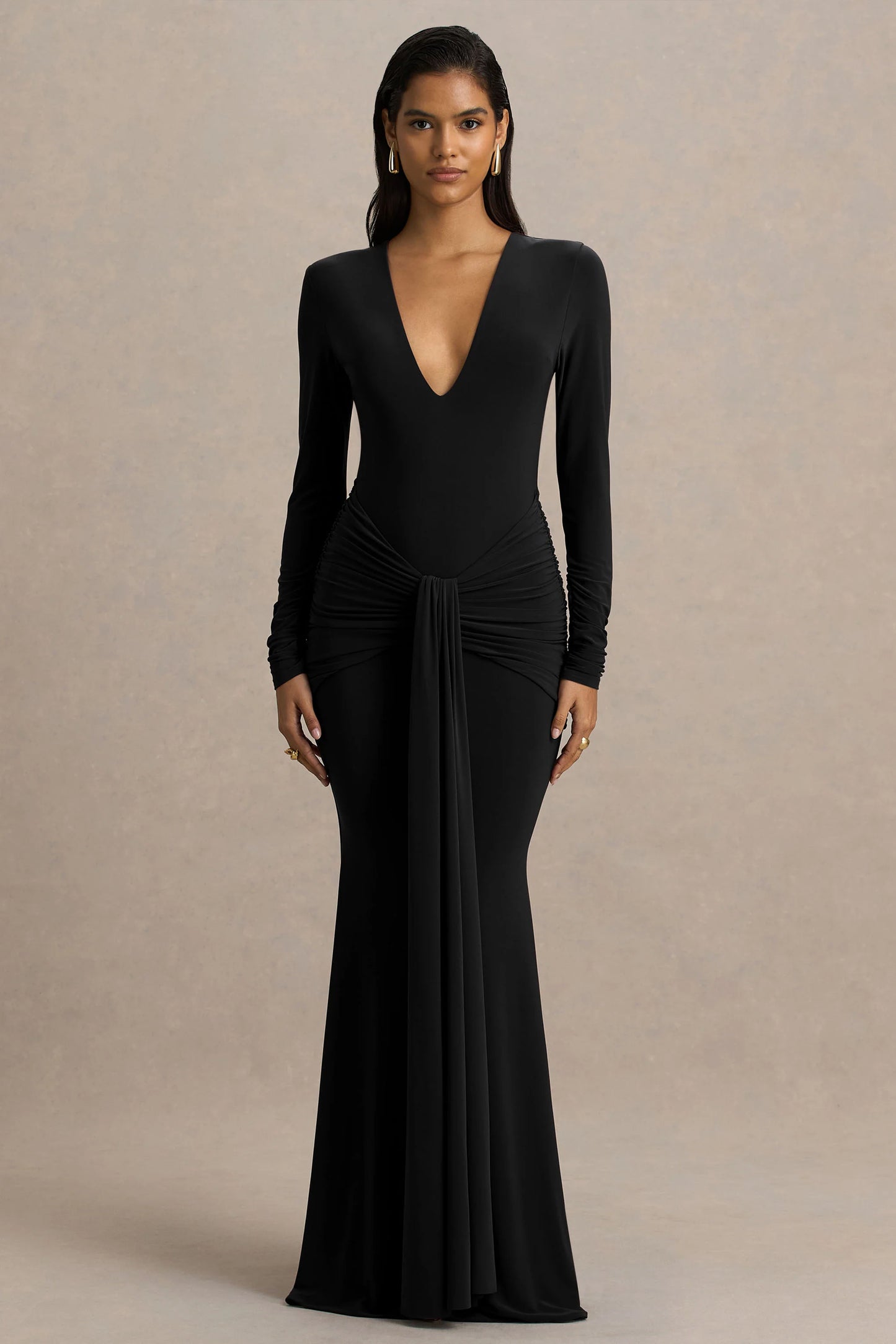 Saffie Black Extreme-Plunge Wrap Maxi Dress With Long-Sleeves And Ruched Detailing