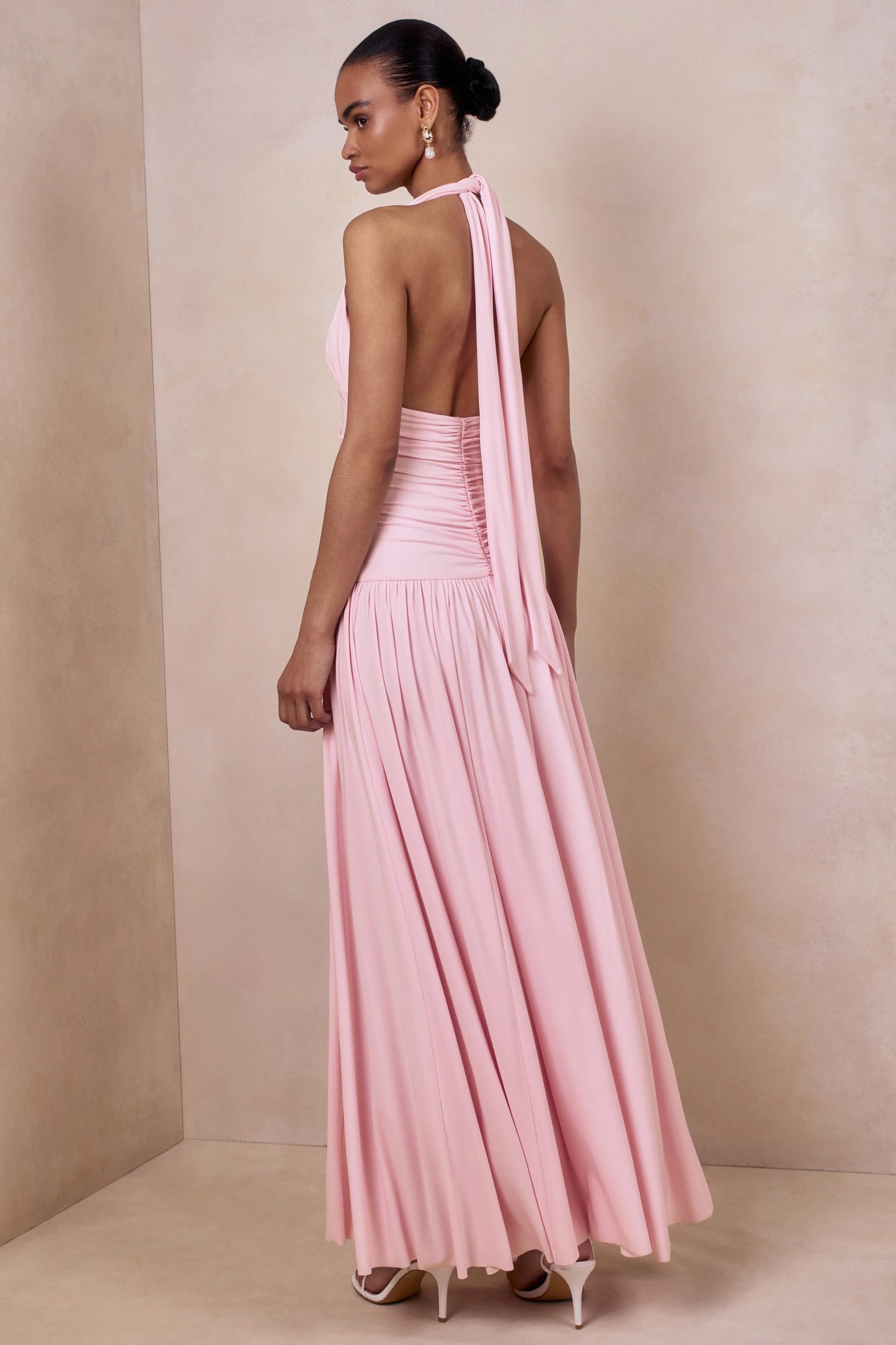Bettina Pink Plunge-Neck Maxi Dress With Gathered-Detailing