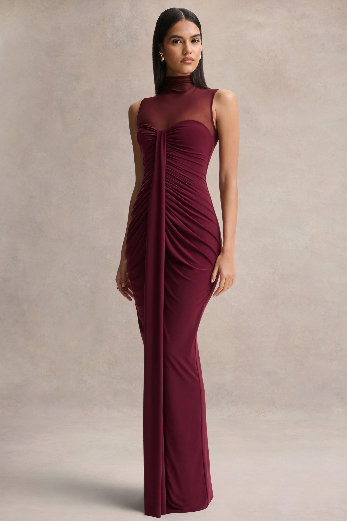 Brialle Burgundy High-Neck Maxi Dress With Mesh And Gathered-Detailing