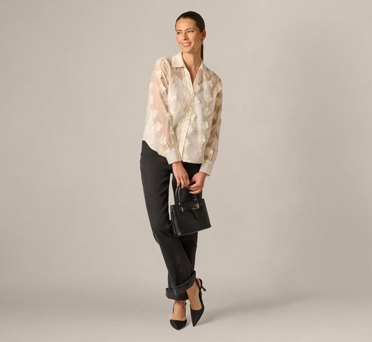 Long Sleeve Sheer 3D Floral Petal Blouse In Cream Frosting