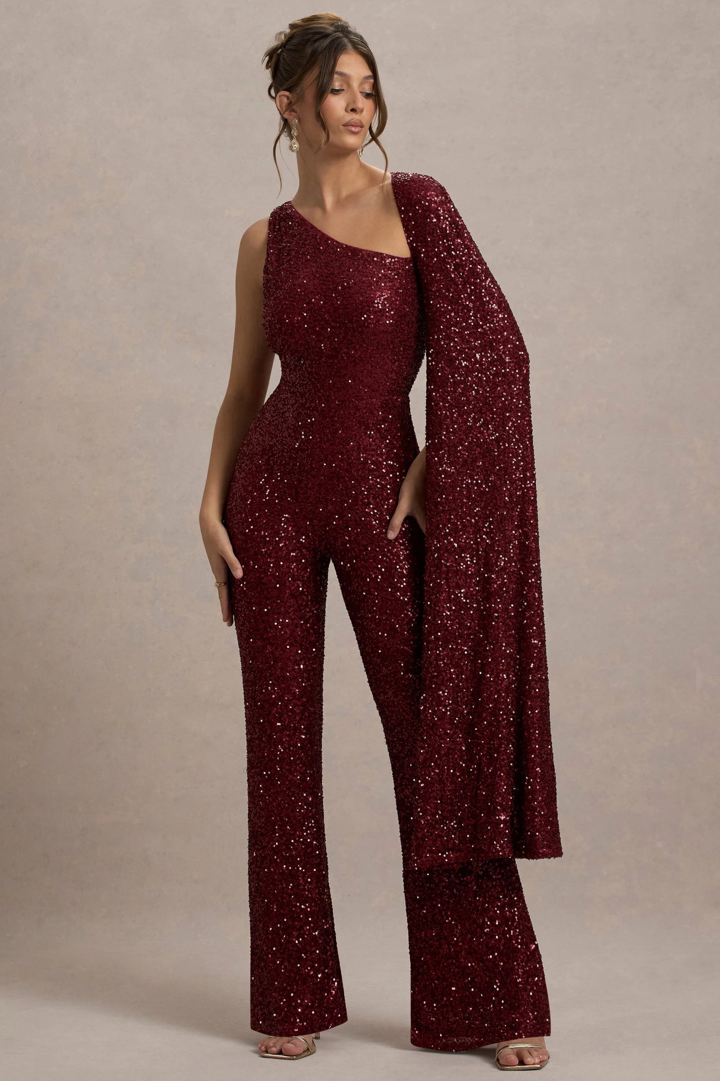 Star Seeker Port Sequin One-Shoulder Cape Sleeve Jumpsuit