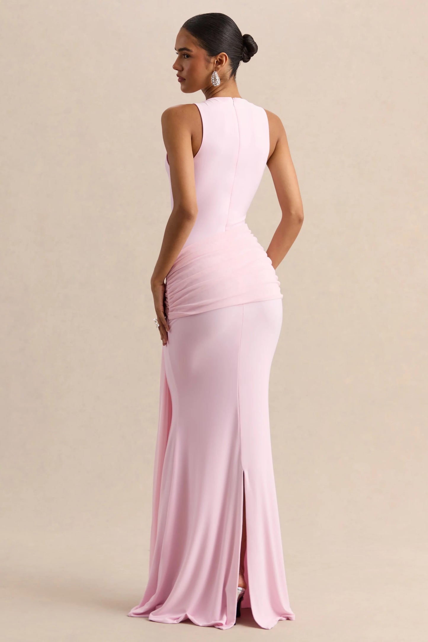 Mirene Light Pink Round-Neck Maxi-Dress With Gathered-Detailing And Sash