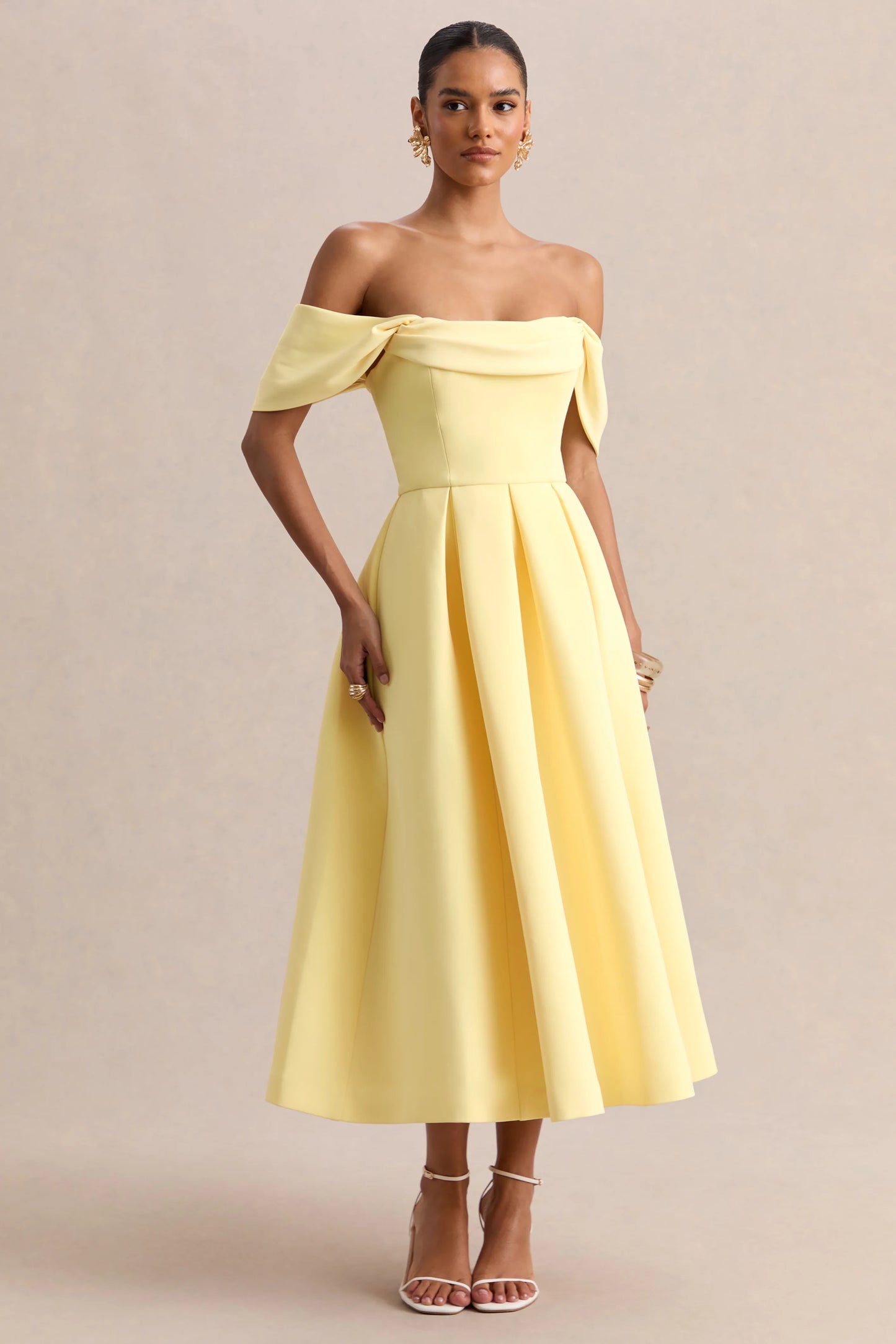 Cosima Lemon Bardot-Neck Midi Dress