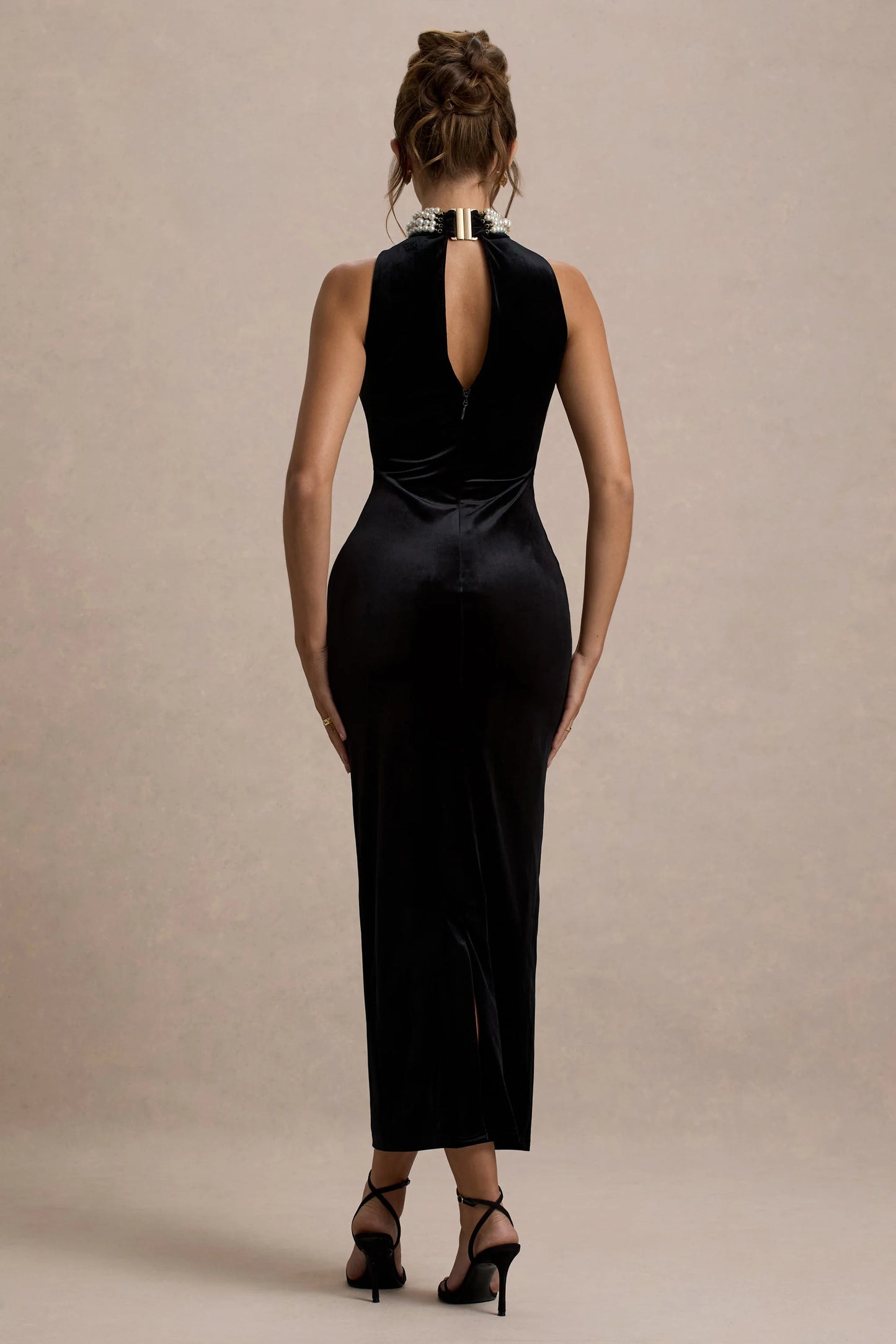 Audrine Black Velvet Embellished High-Neck Maxi Dress