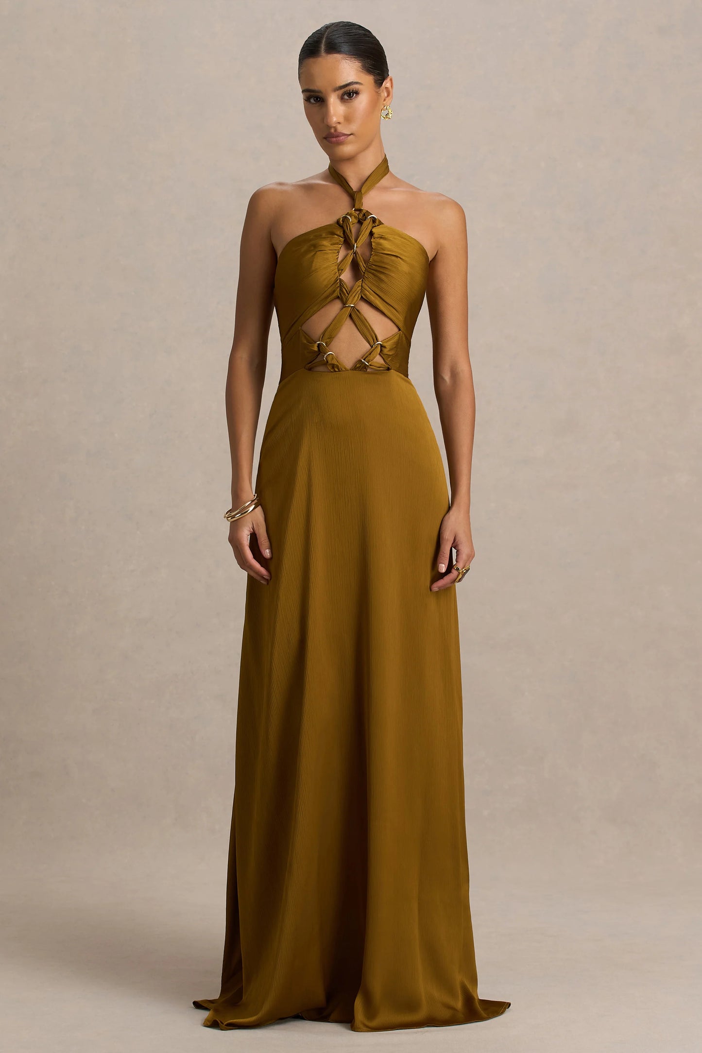 Aleera Olive Chiffon Halter-Neck Maxi Dress With Cut-Out Detail