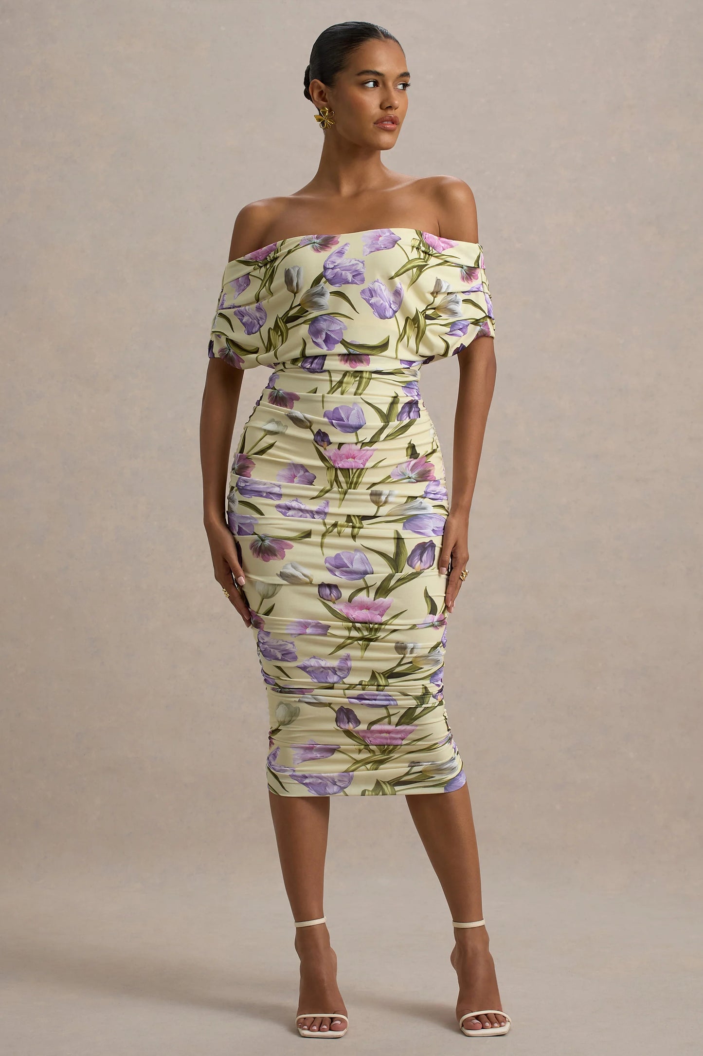 Rayleigh Tulip Floral Print Bardot Ruched Midi Dress