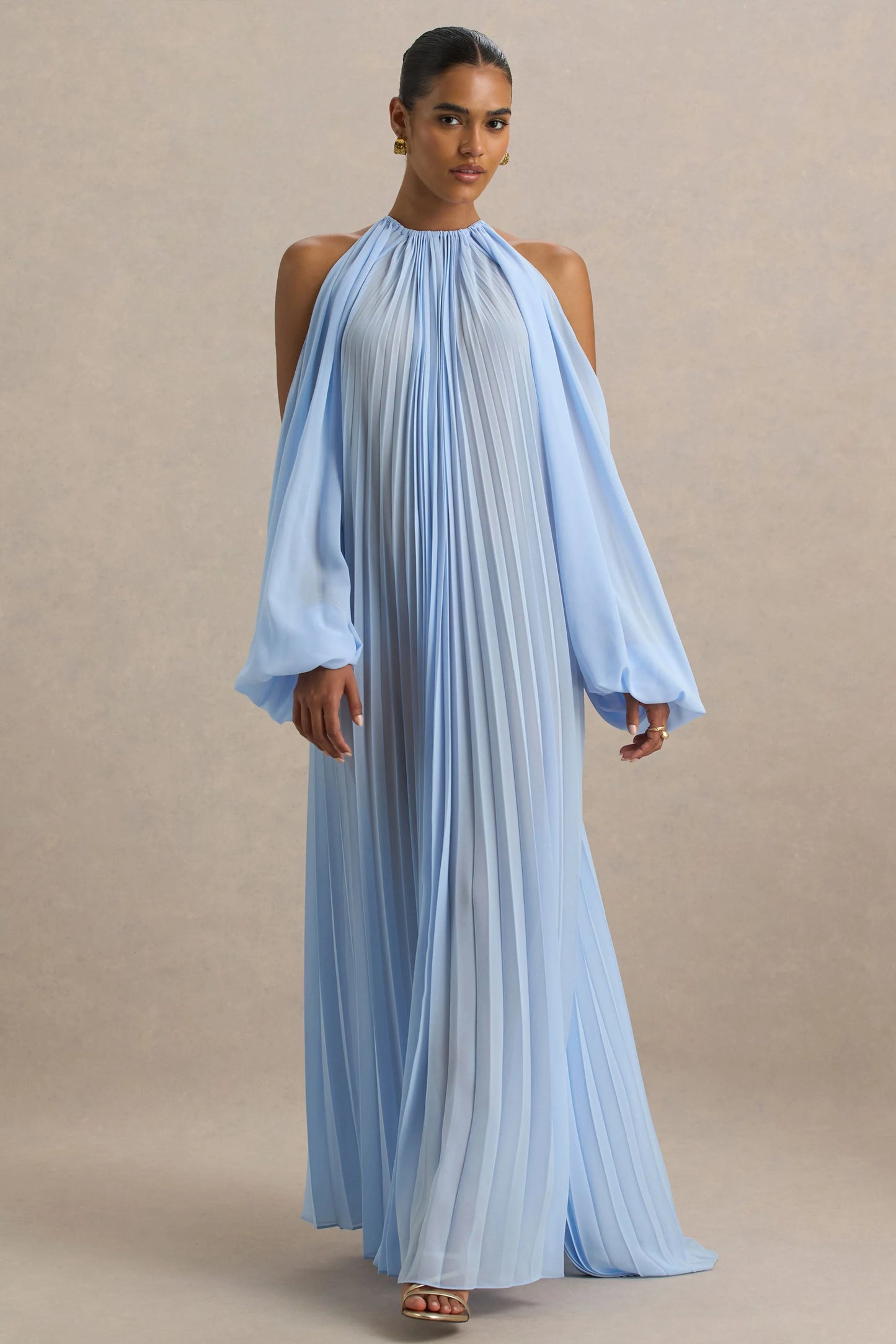 Reyna Powder Blue Pleated Chiffon Cold-Shoulder Maxi Dress