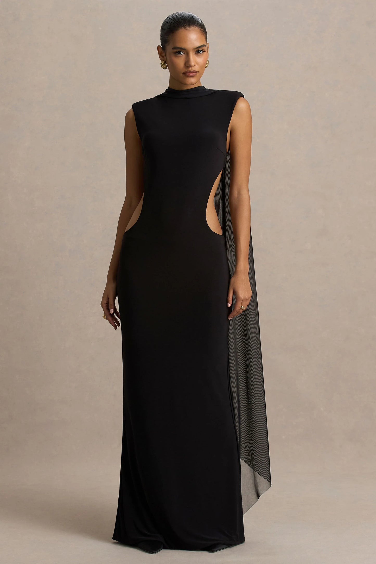 Katara Black High-Neck Maxi Dress With Body Cut-Out Details