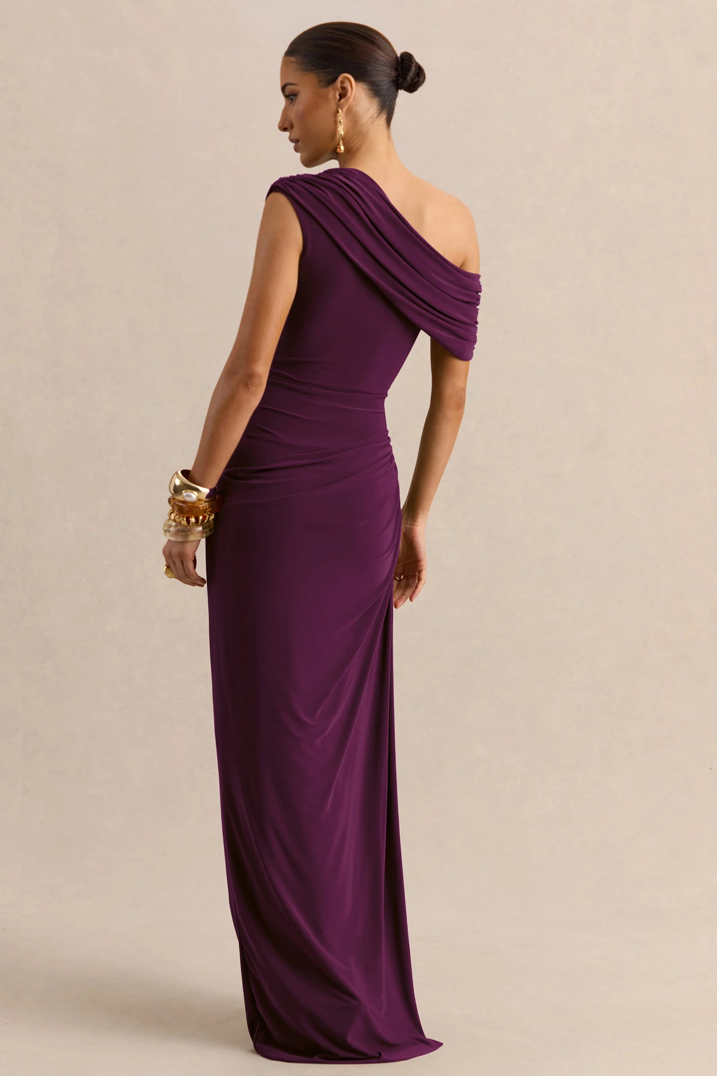 Avialee Dark Plum Asymmetric-Neck Maxi Dress With Gathered-Detailing And Sash