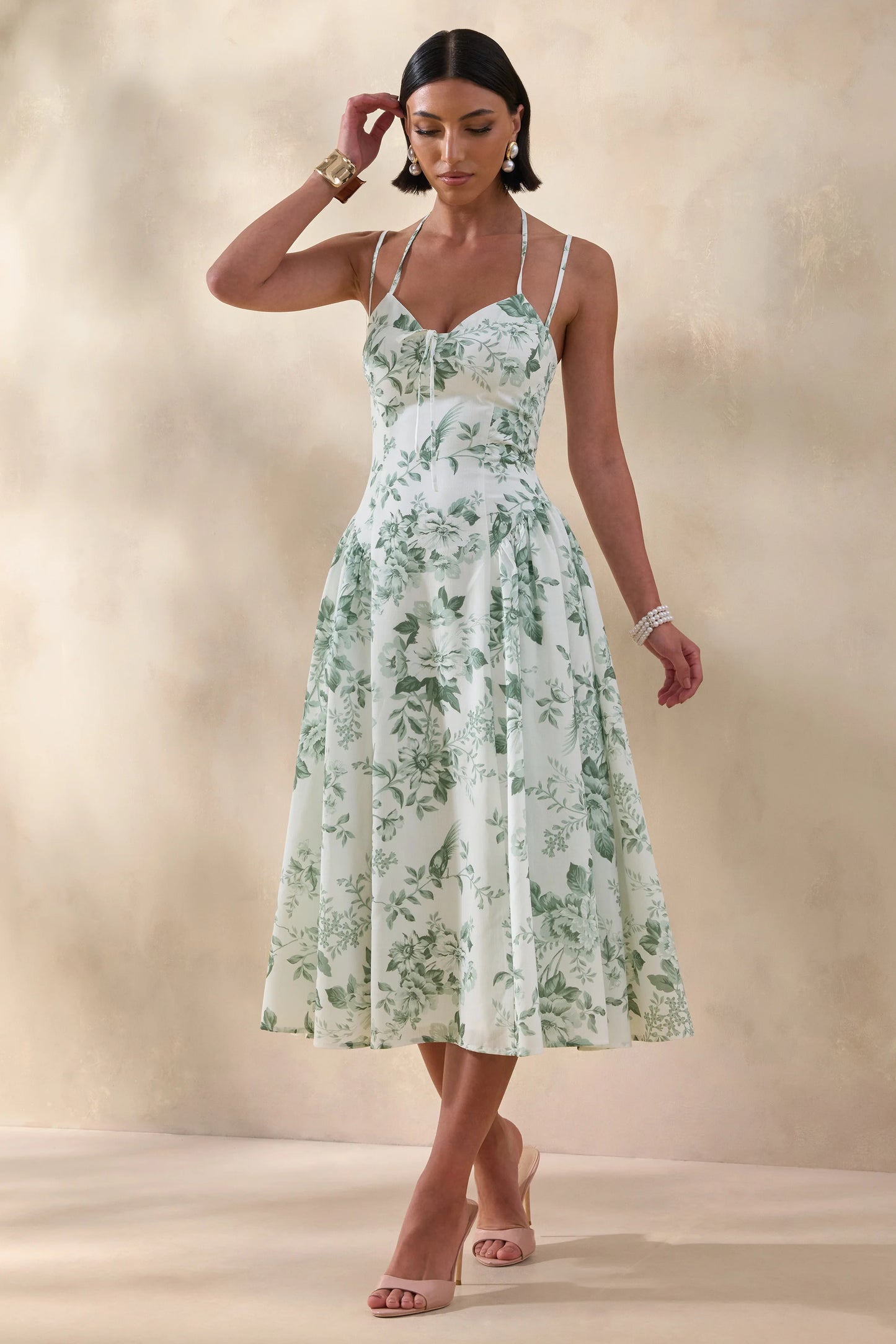 Audrey Green Floral Print Sweetheart-Neck Midi Dress With Ruching Detail
