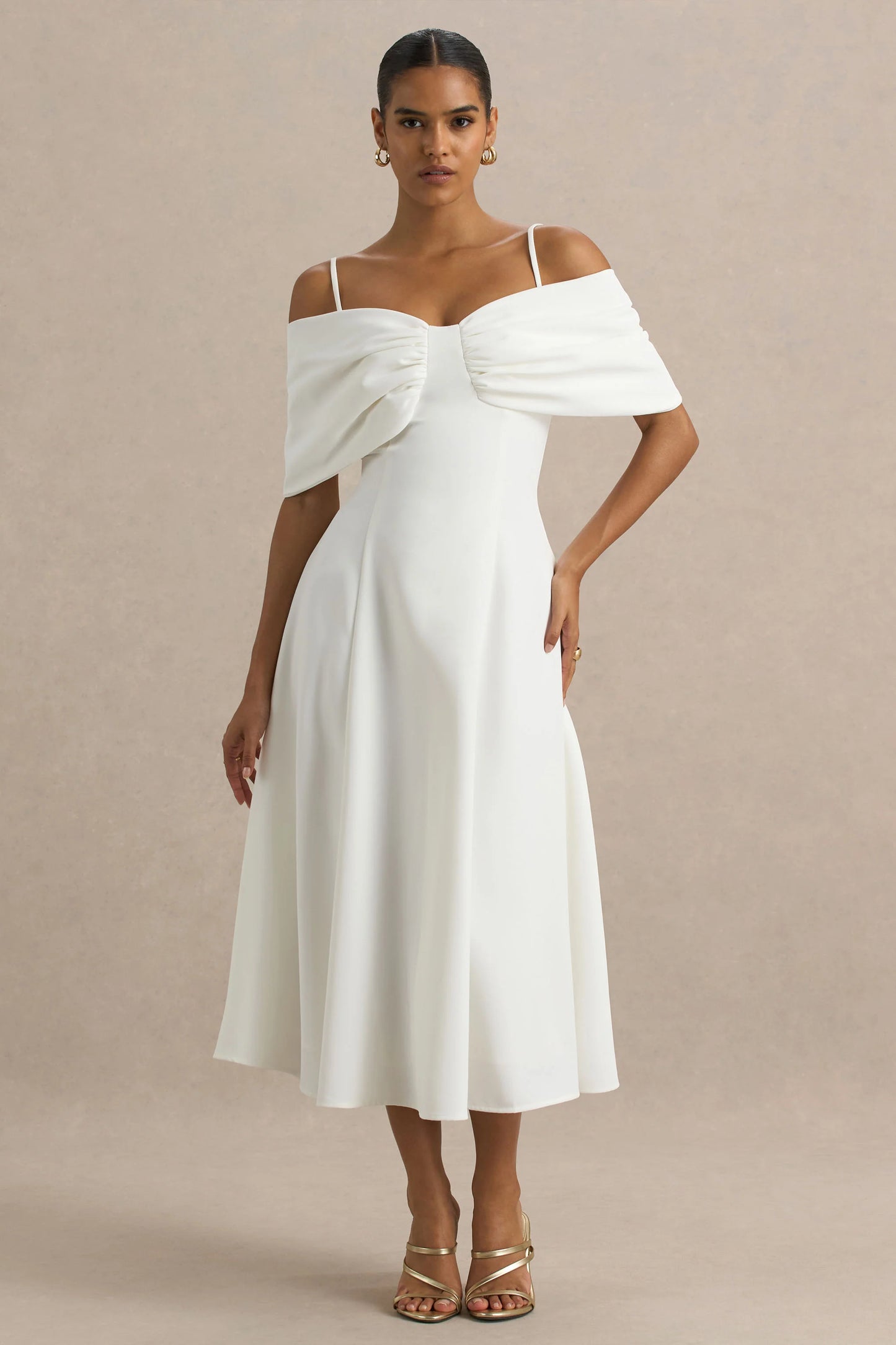 Hettie White Short-Sleeve Bardot Midi Dress With Bow Detail