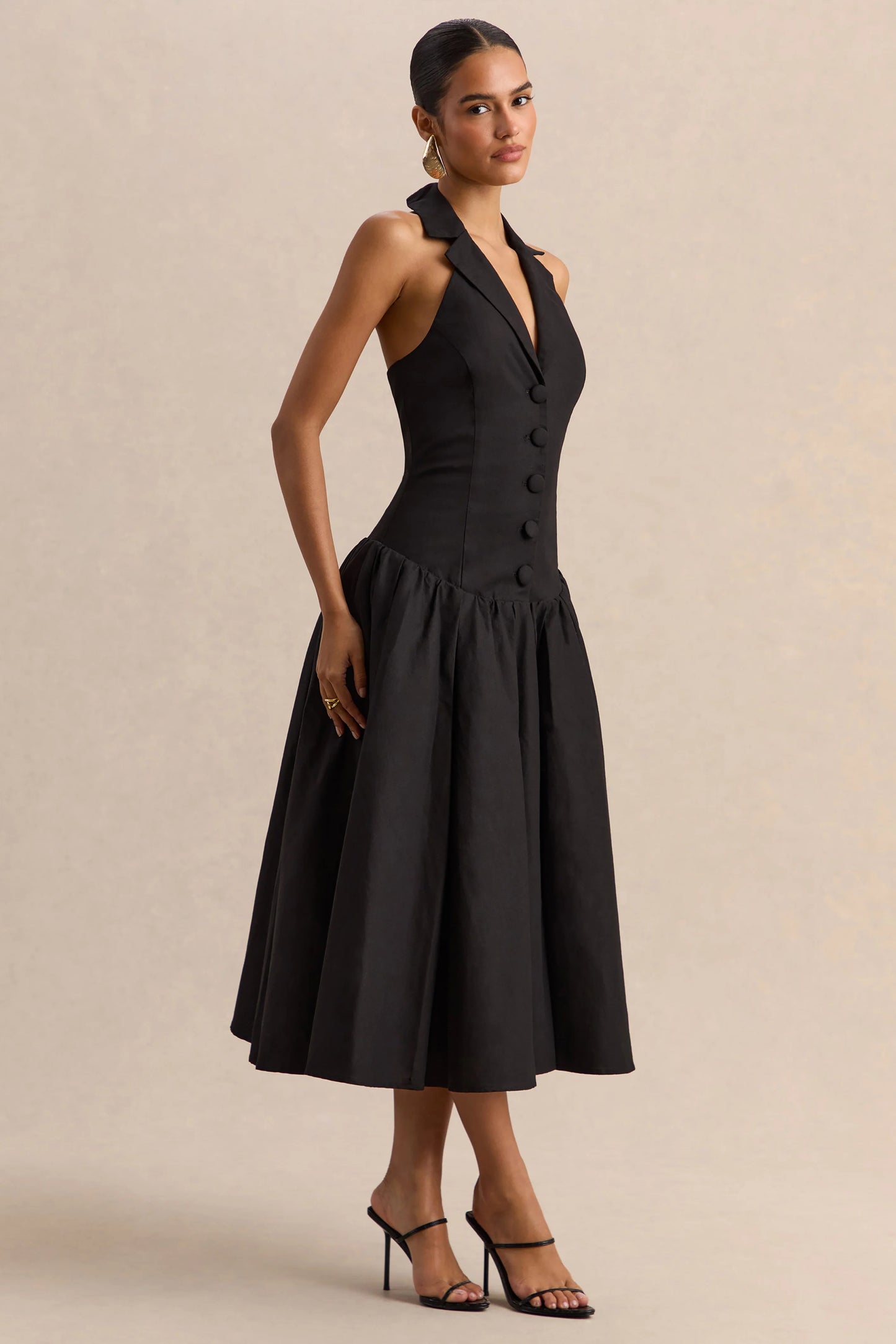 Ella Black Plunge-Neck Midi Dress With Drop-Waist