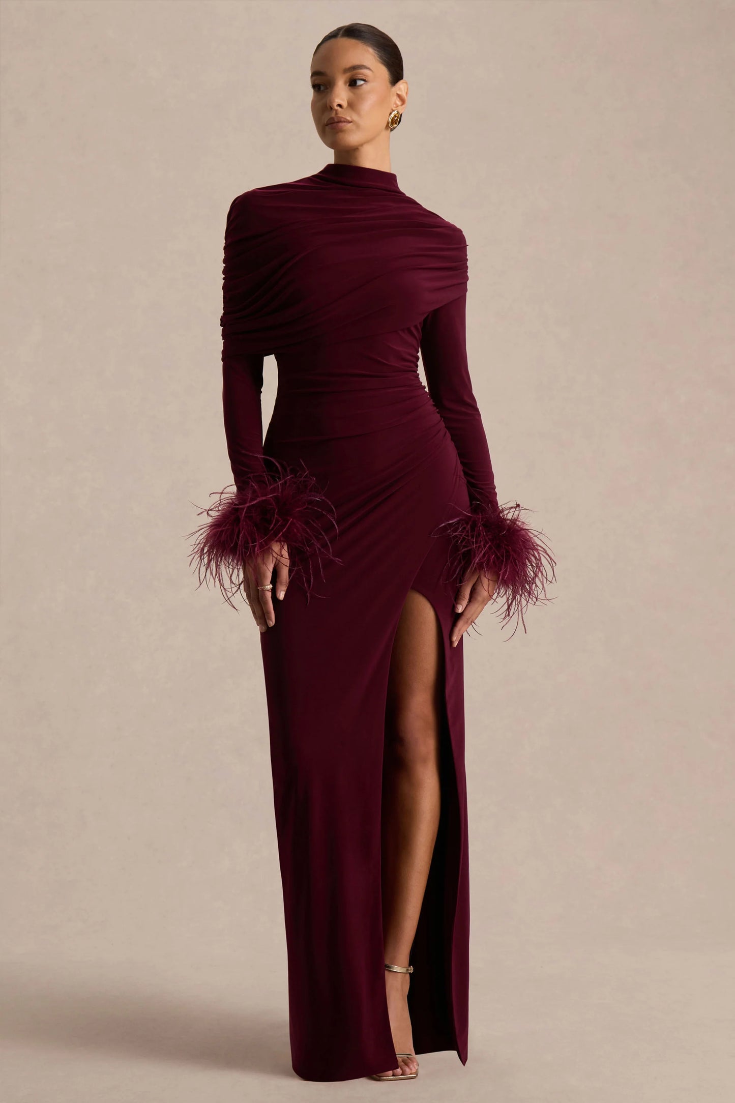 Gatsby Burgundy High-Neck Maxi Dress With Feather Trim Cuffs