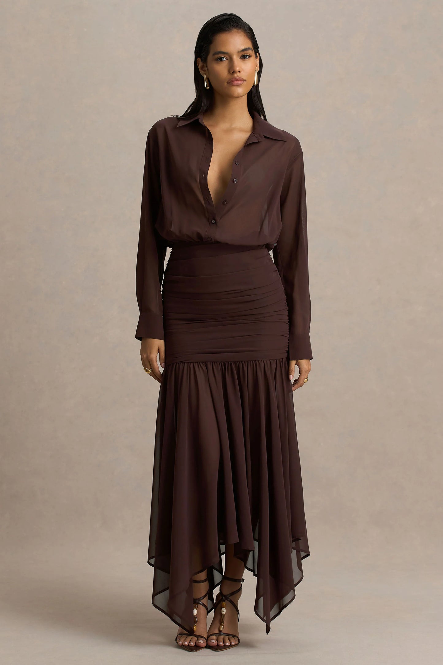 Kris Brown Plunge-Neck Maxi Dress With Ruched Detailing
