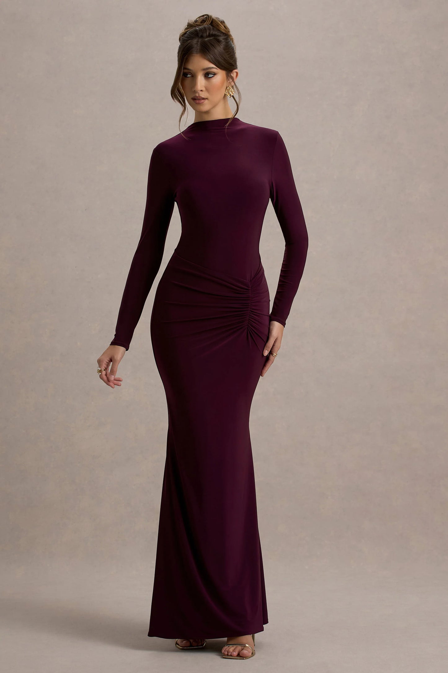 Reid Plum Long-Sleeve Gathered Maxi Dress