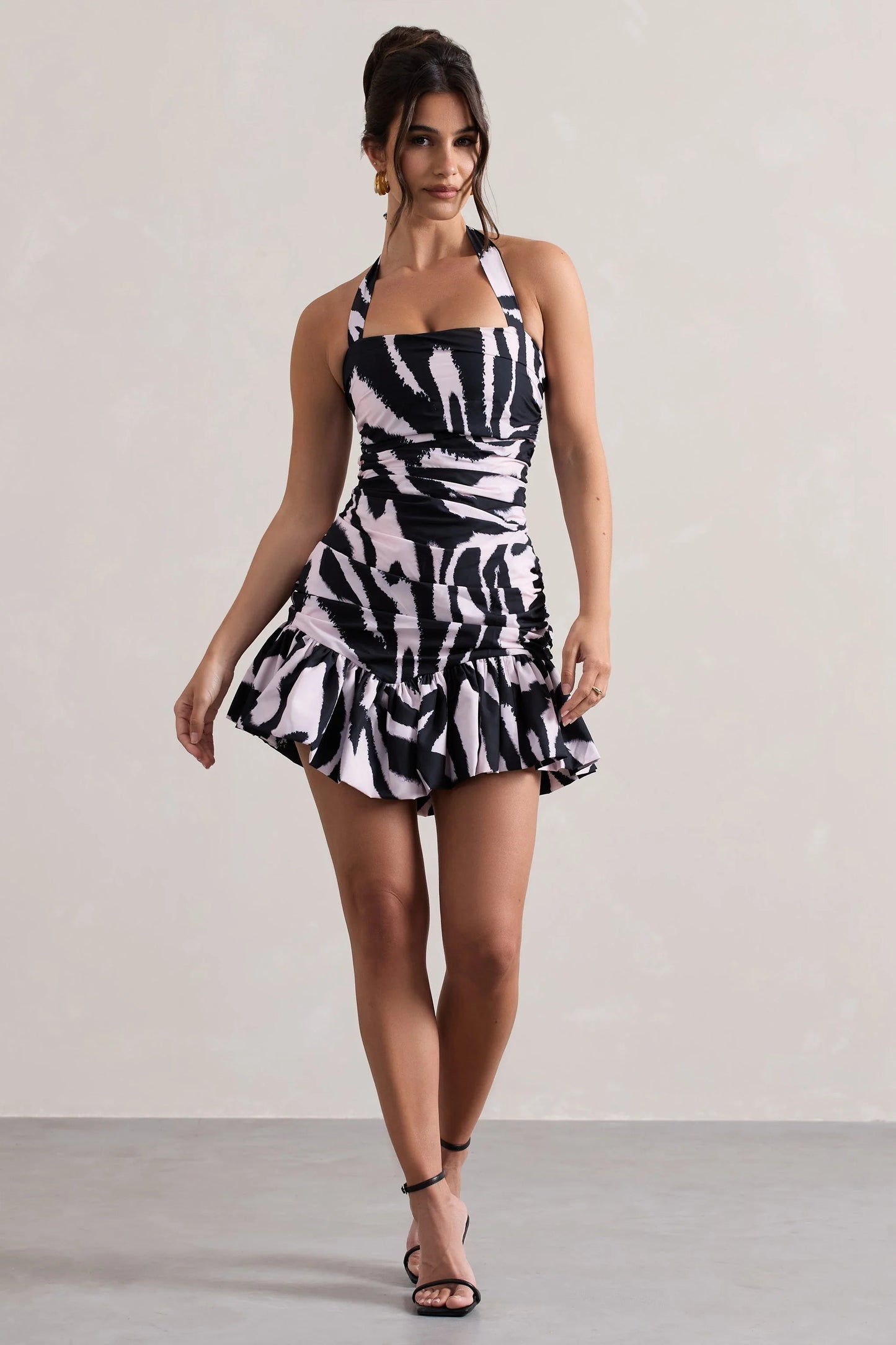 Zahra Zebra Print Halter-Neck Ruched Mini Dress With Ruffle Hem