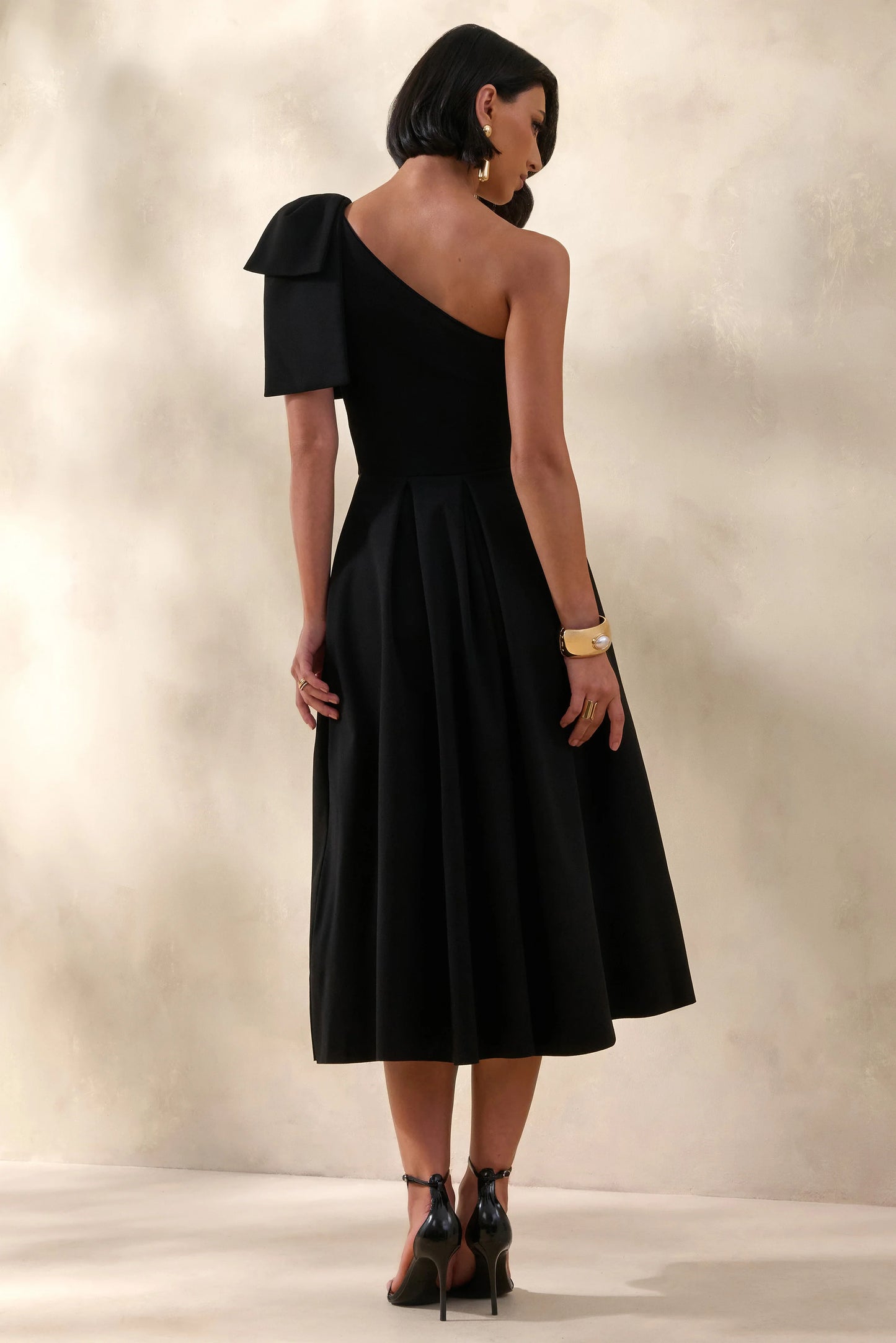 Meria Black Asymmetric-Neck Midi Dress With Bow-Sleeve