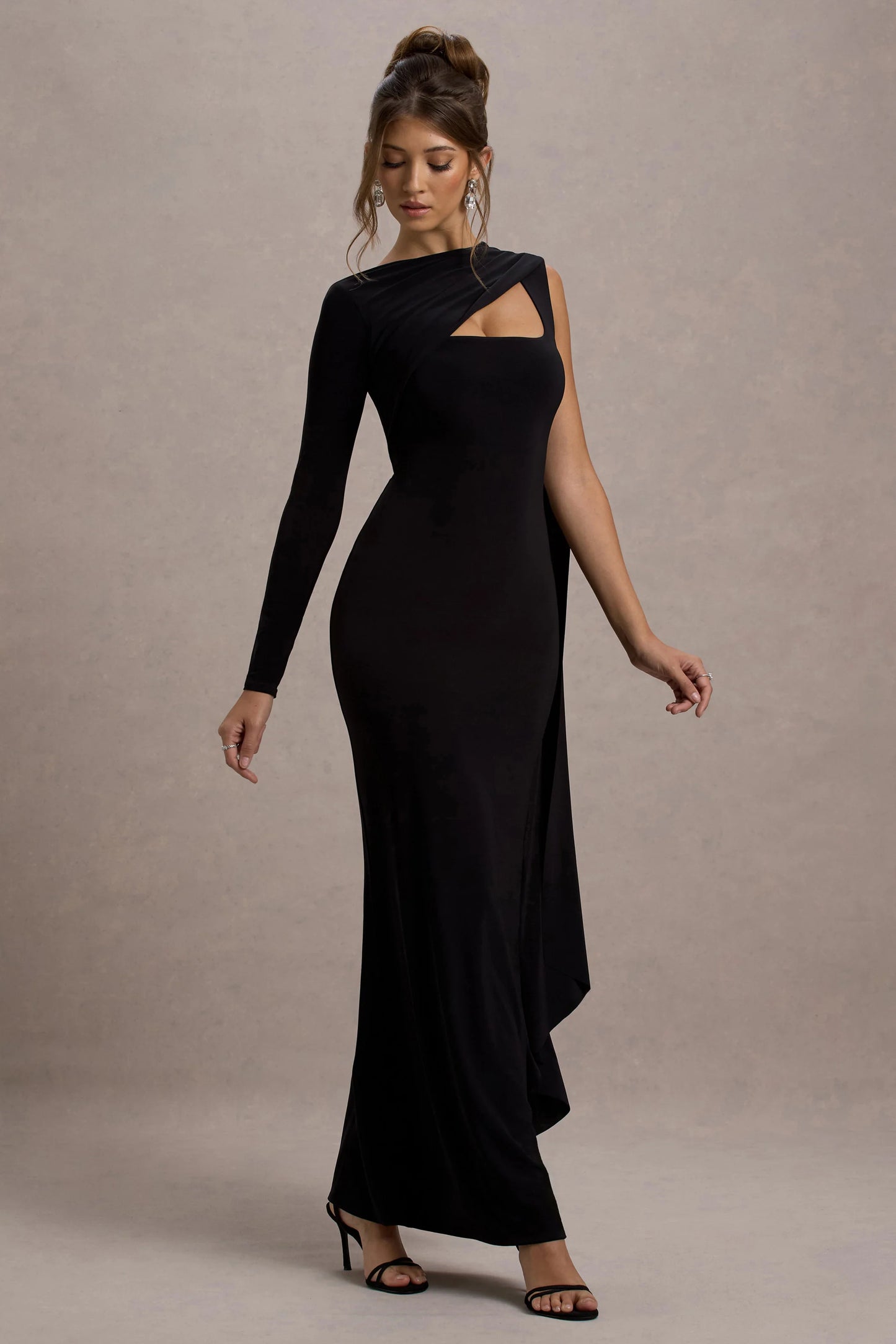Ashini Black One-Sleeve Maxi Dress With Cape