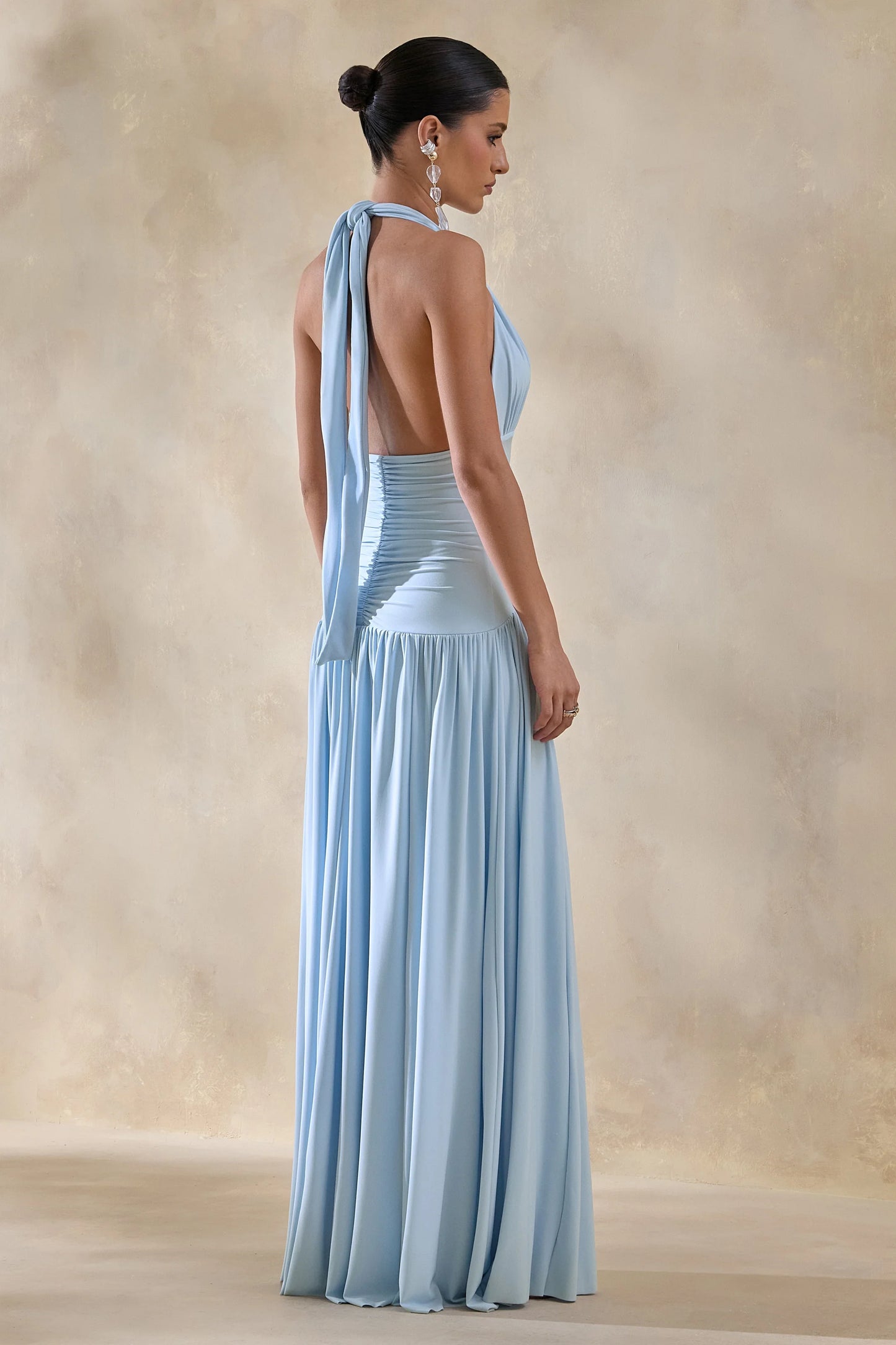 Bettina Powder-Blue Plunge-Neck Maxi Dress With Gathered-Detailing