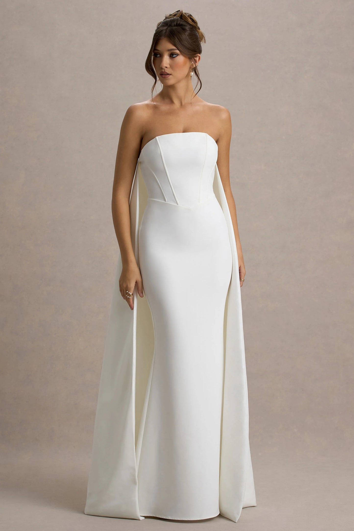 She's Trouble White Bandeau Maxi Dress With Cape