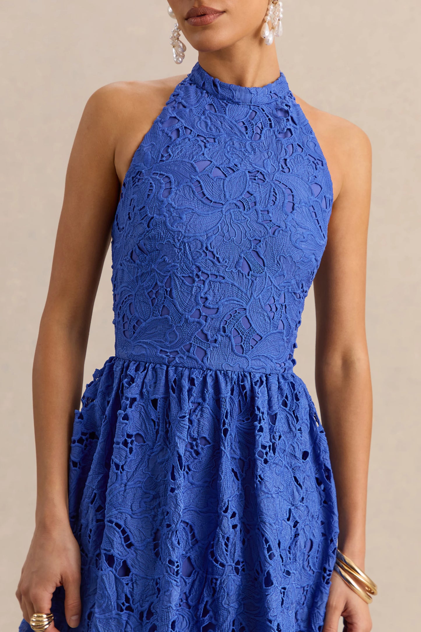 Indiana Dark Blue Broderie Halter-Neck Maxi Dress