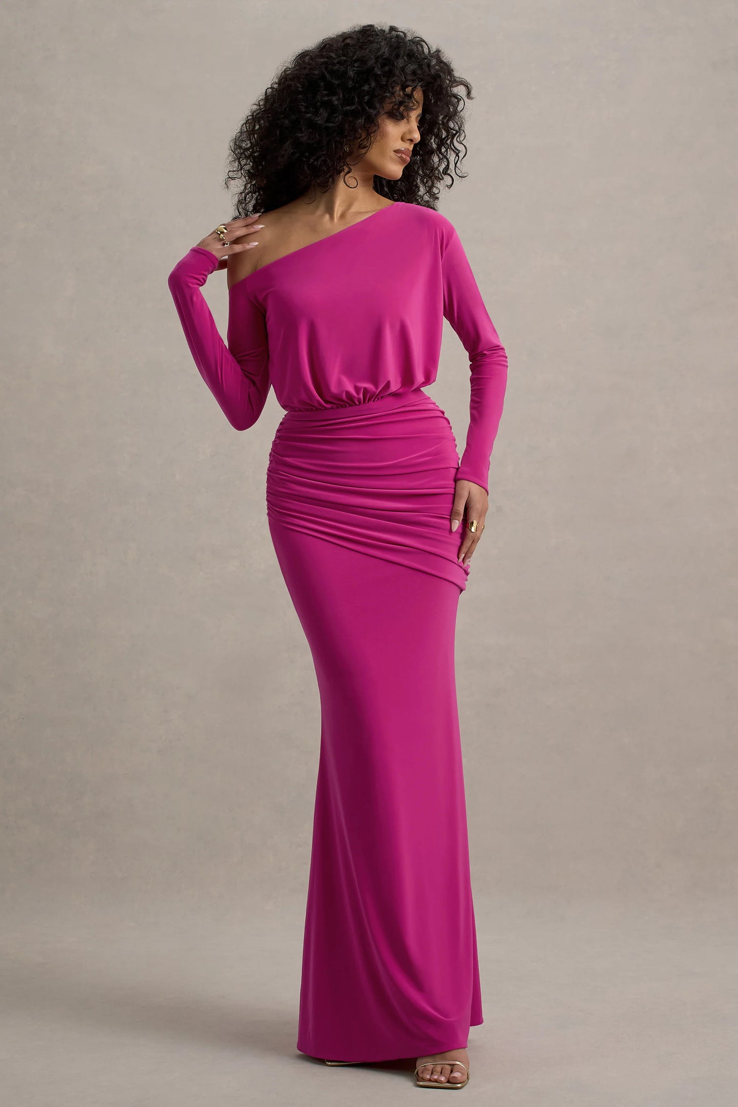 Deanna Hot Pink Asymmetric Long-Sleeve Ruched Maxi Dress