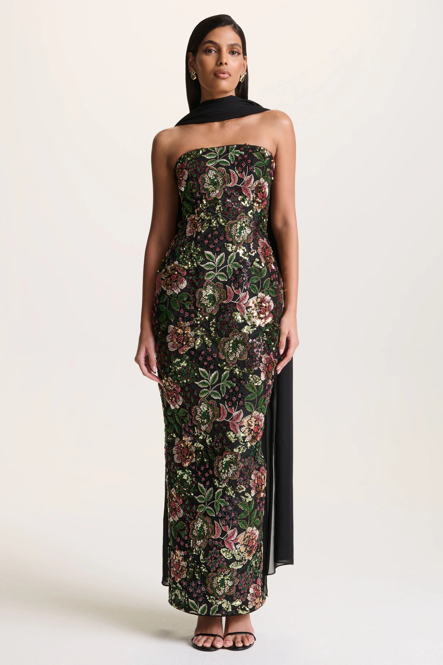 Cora Winter Floral Embellished Mesh Bandeau Maxi Dress With Scarf