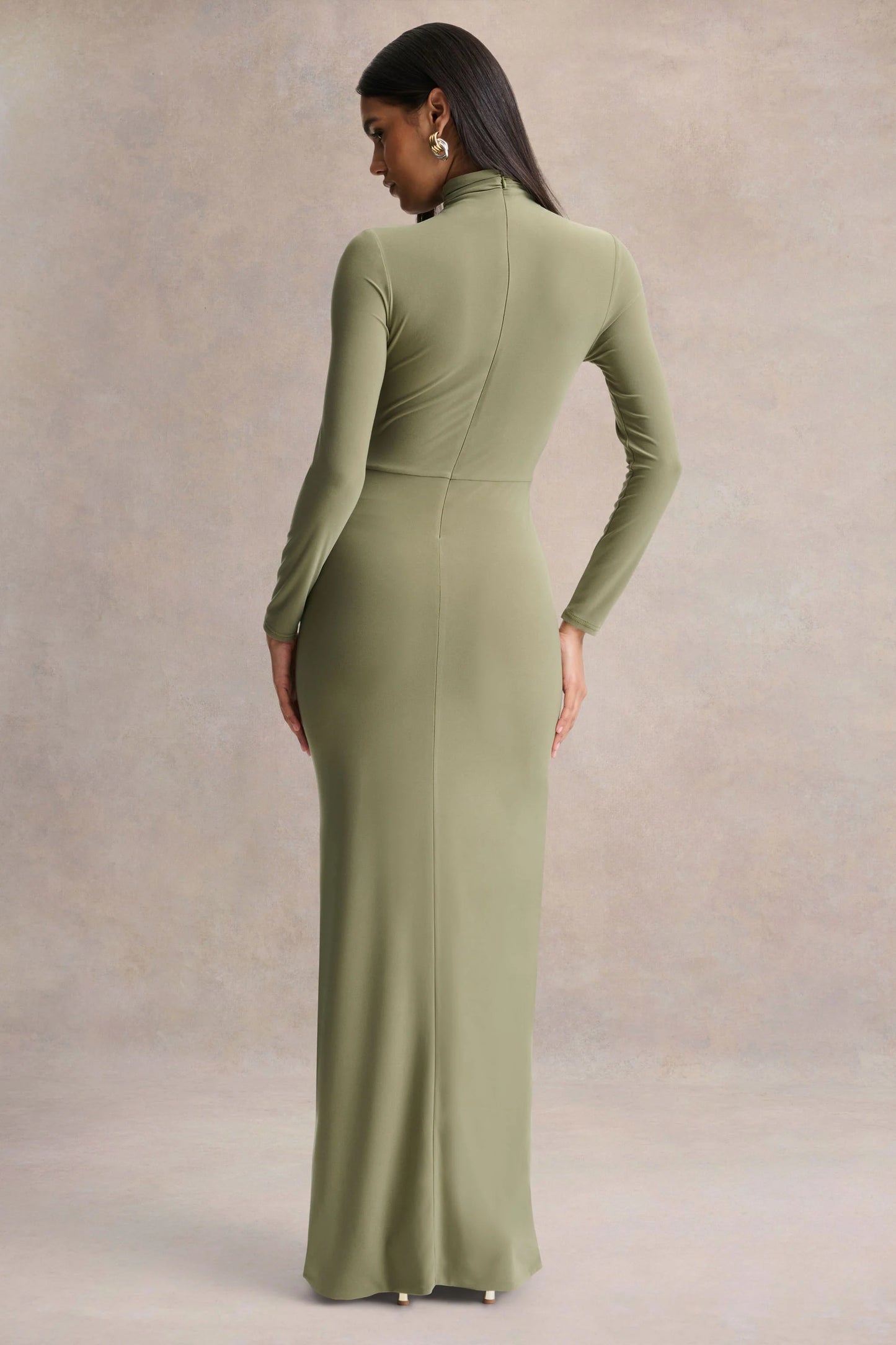Persis Olive High-Neck Maxi Dress With Gathered Detailing