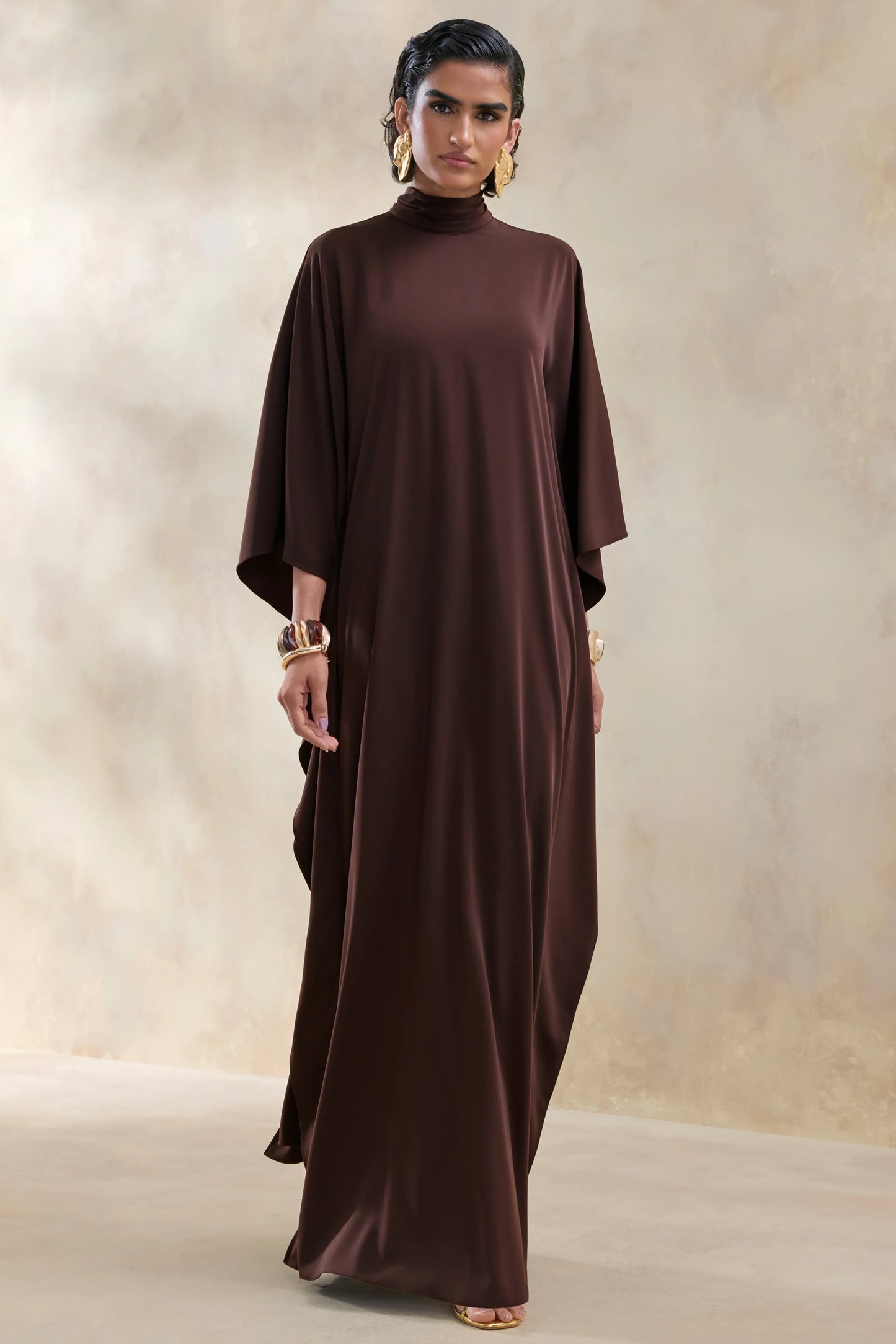 Lumisette Brown Satin High-Neck Maxi Dress With Cape