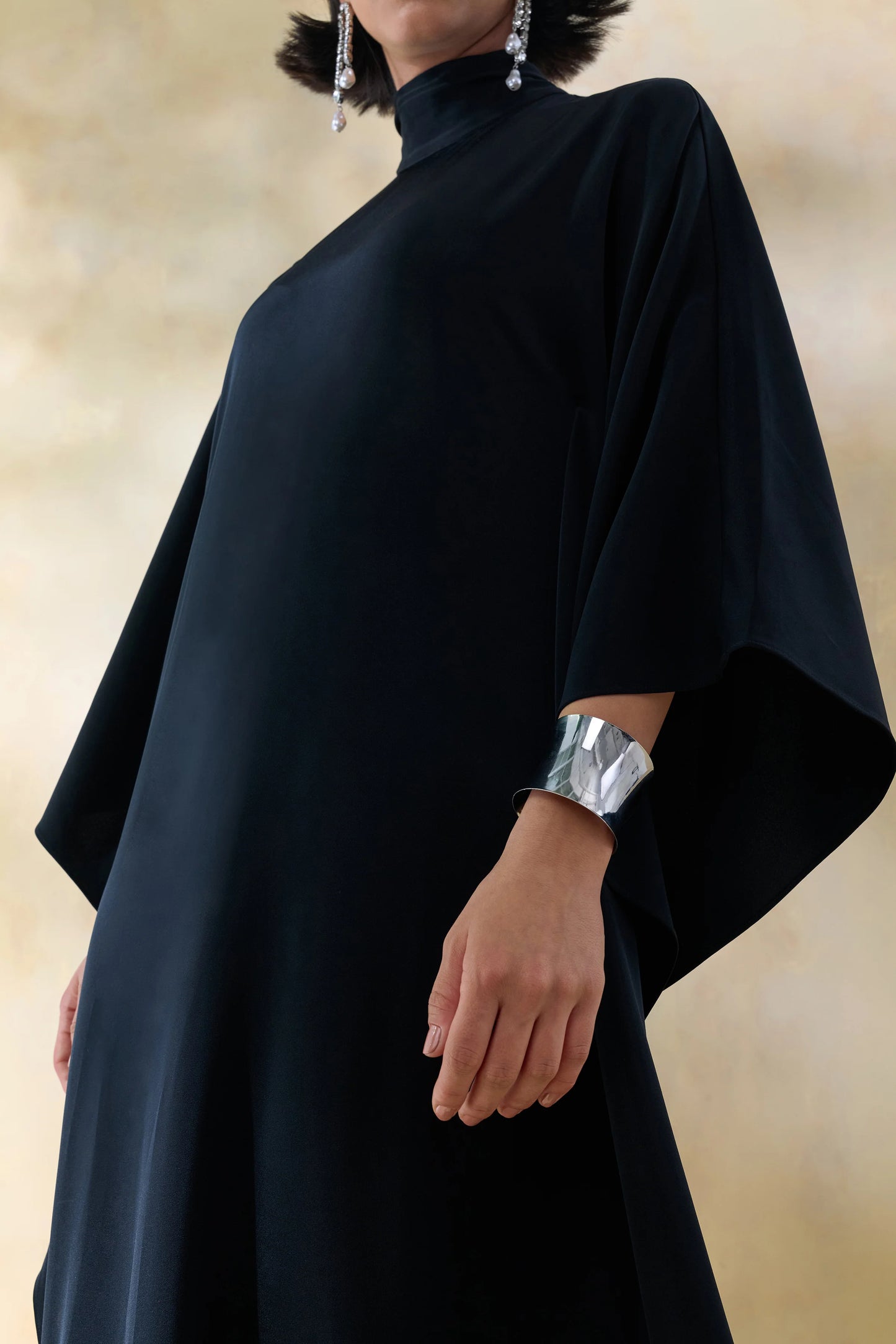 Lumisette Black Satin High-Neck Maxi Dress With Cape