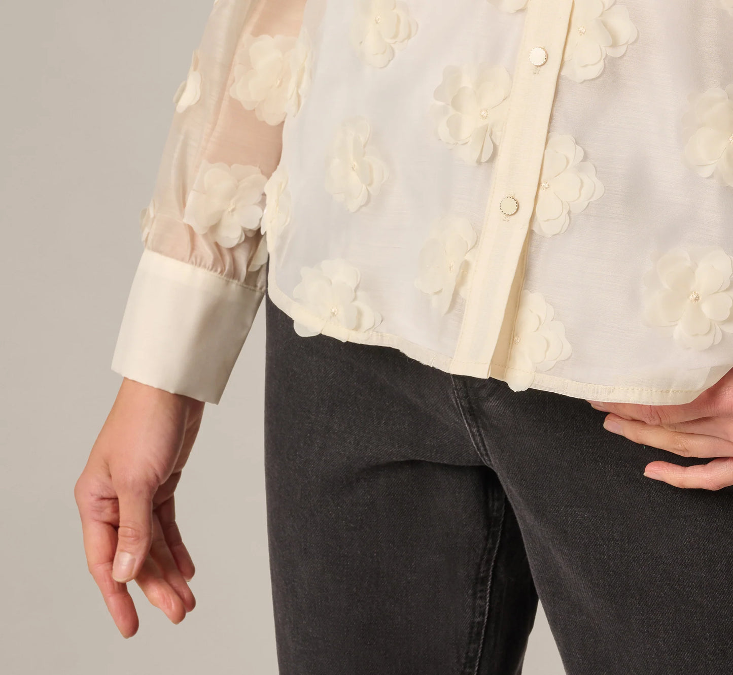 Long Sleeve Sheer 3D Floral Petal Blouse In Cream Frosting