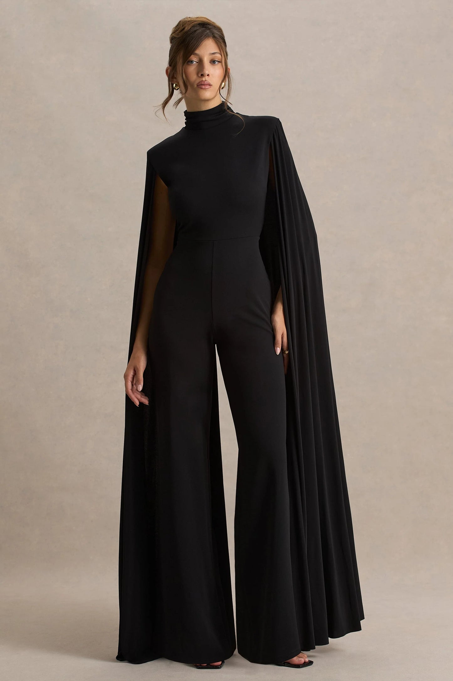 Dulcet Black High-Neck Jumpsuit With Cape Sleeves