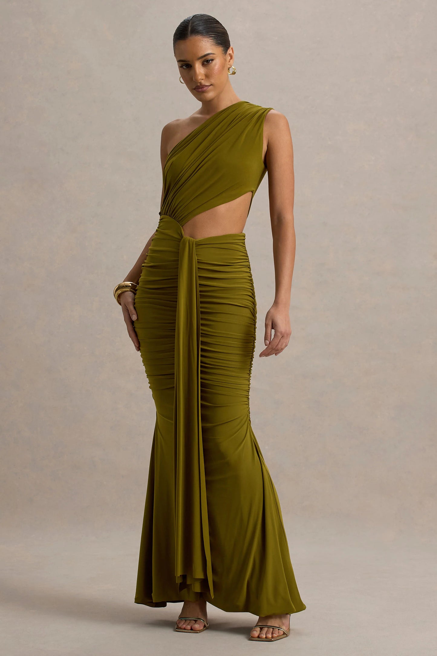 Beline Green One-Shoulder Cut-Out Maxi Dress With Drape