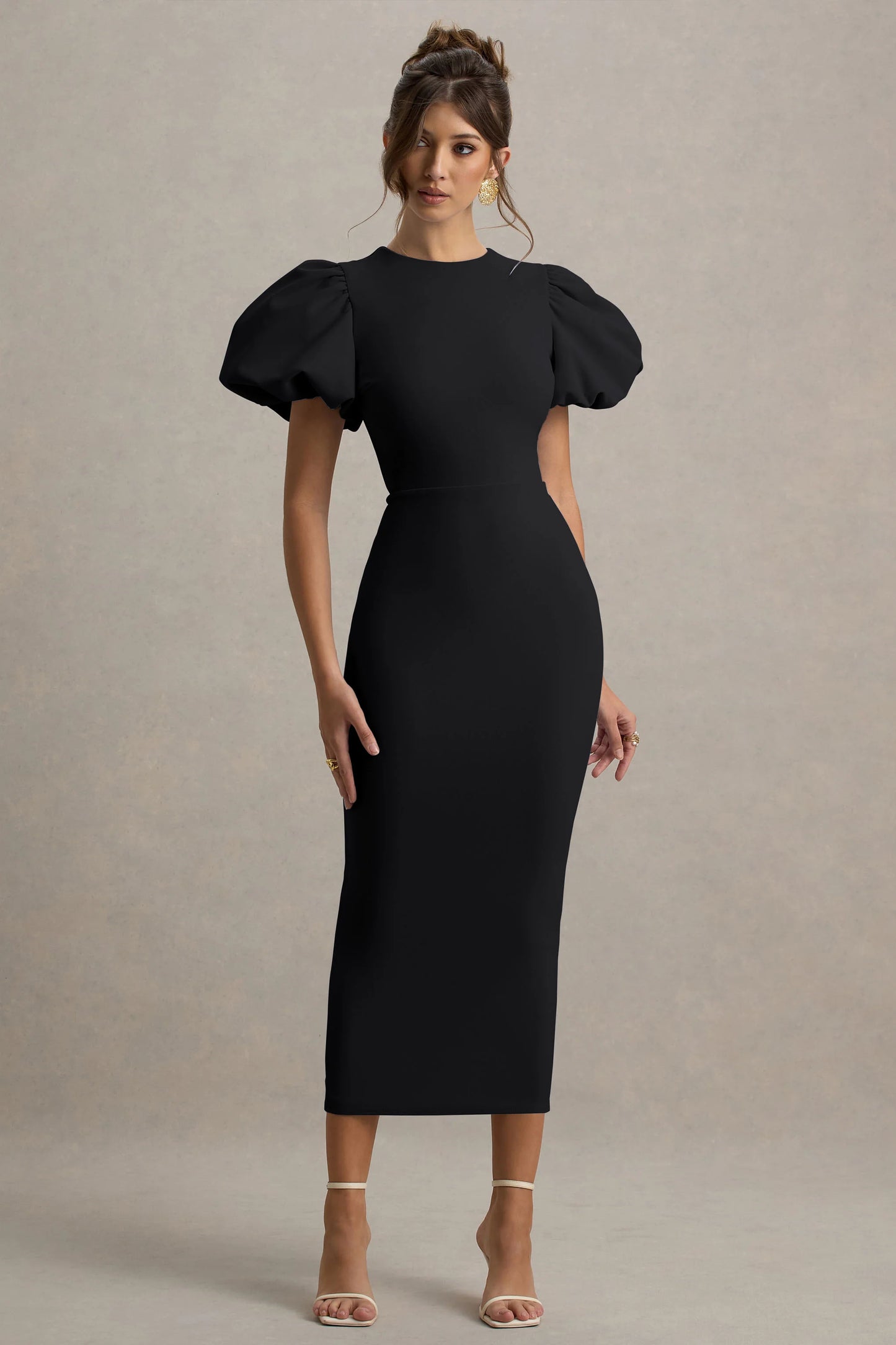 Dakota Black Puff-Sleeve Midi Dress