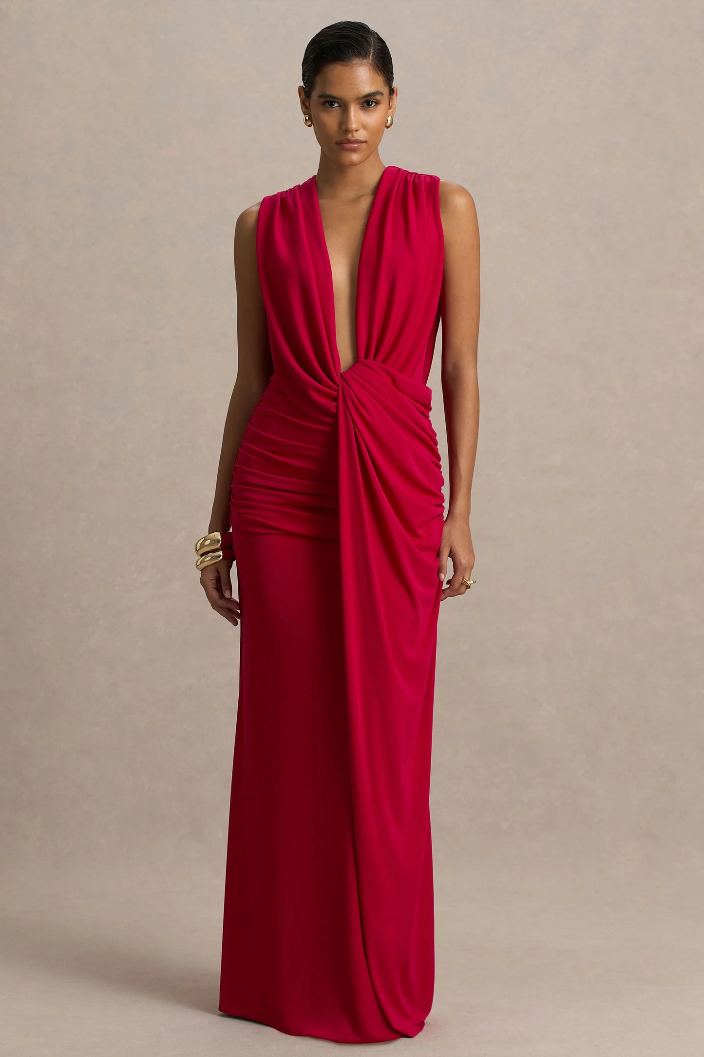 Serafina Red Extreme-Plunge Maxi Dress With Ruched Detailing And Open-Back