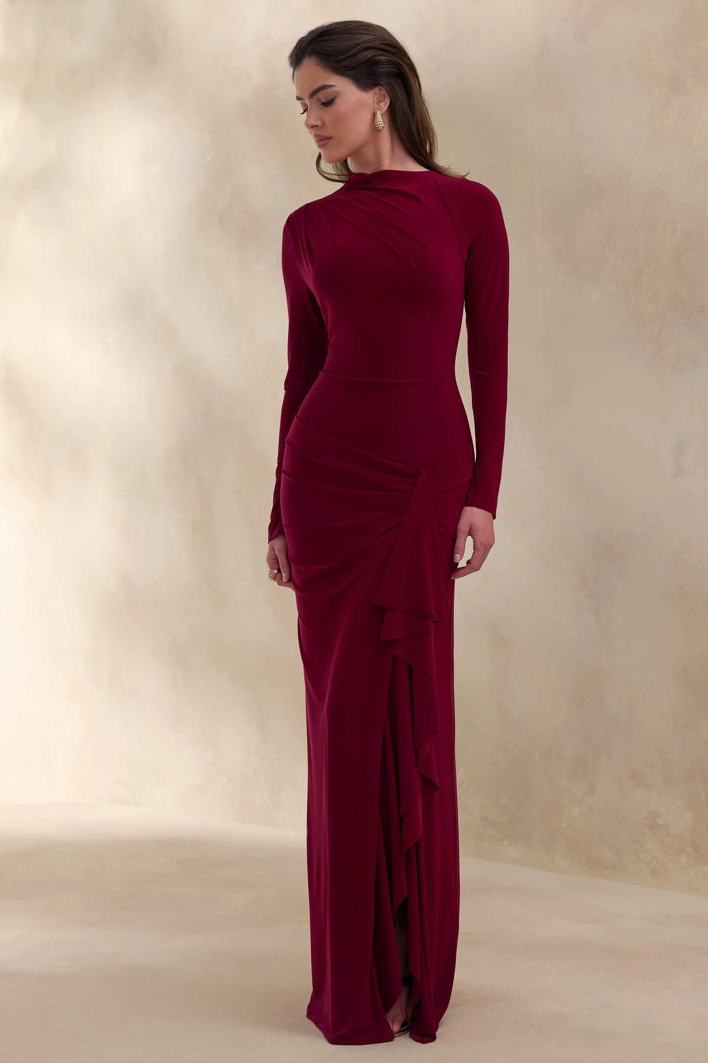 Karessa Berry High-Neck Maxi Dress With Gathered Detailing And Front-High Split