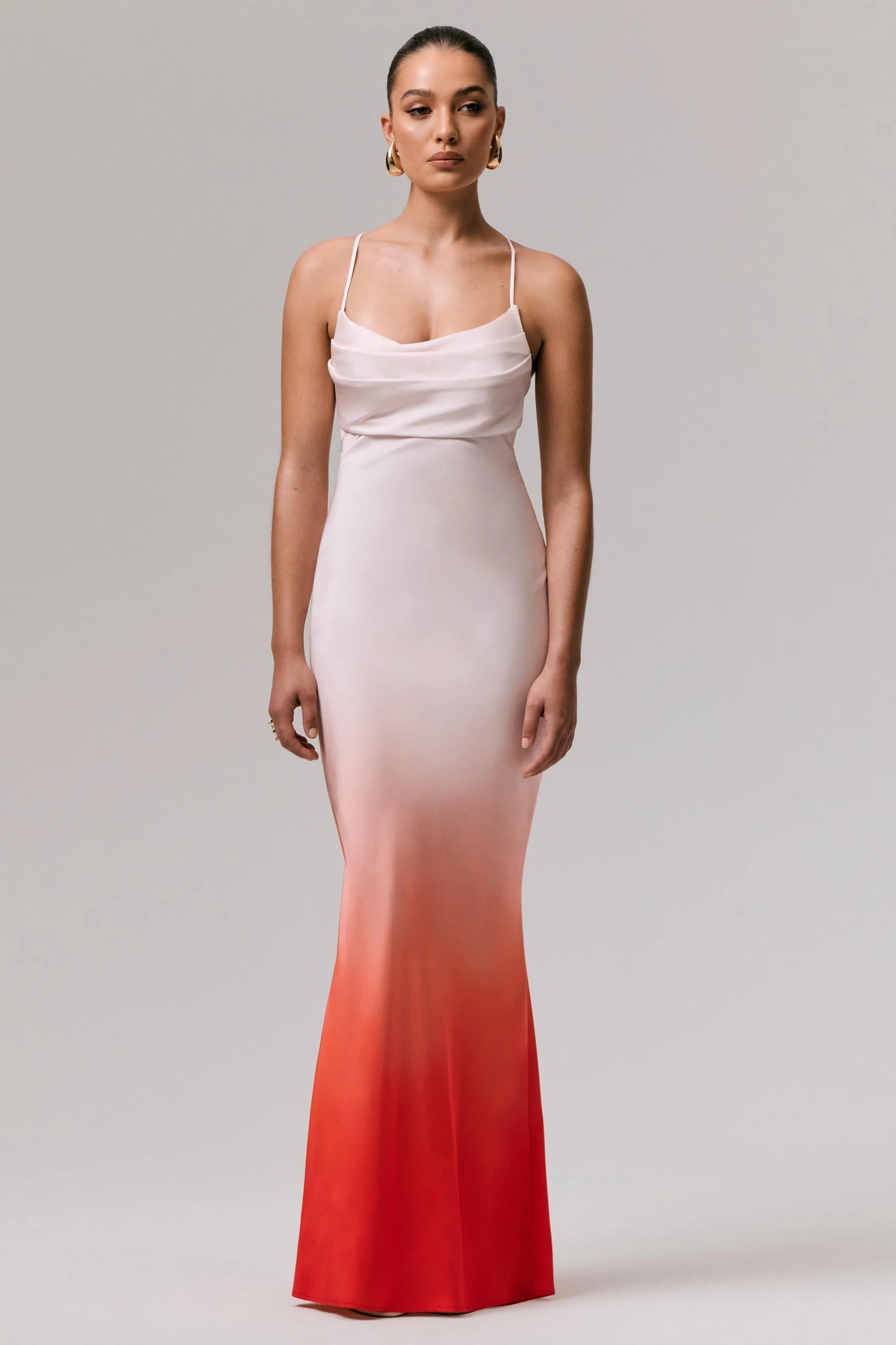 Lucie Red Ombre Satin Cowl-Neck Maxi Dress