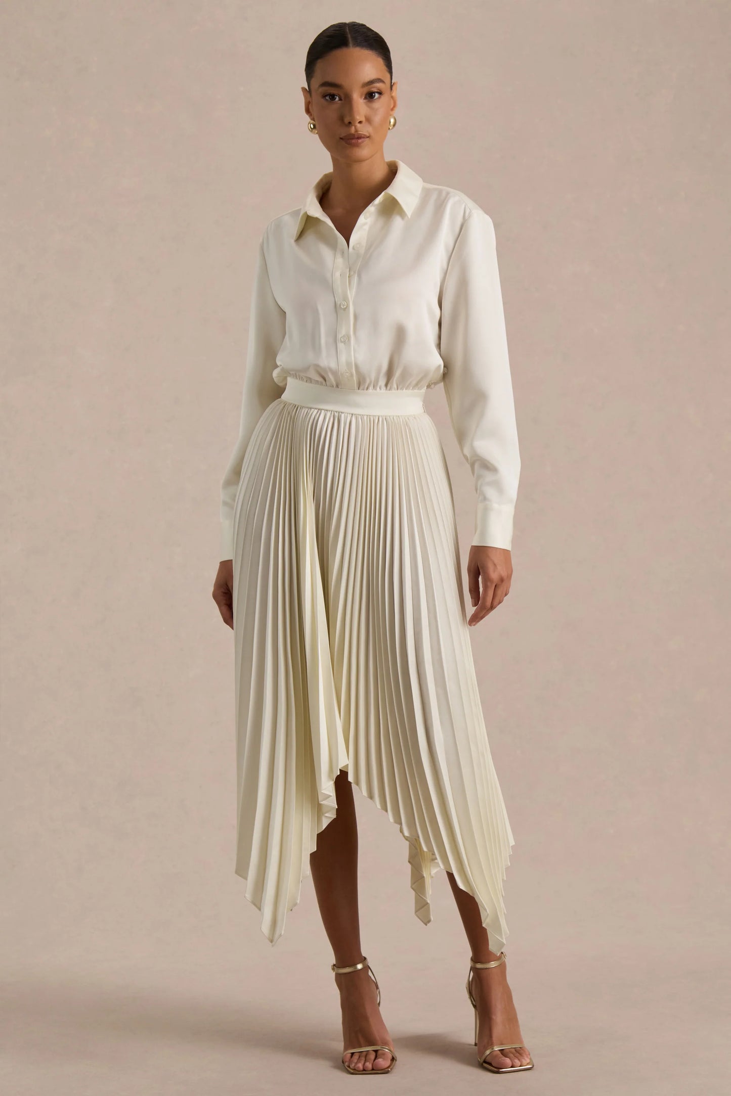 Naxos Cream Satin Shirt Maxi Dress With Pleated Skirt