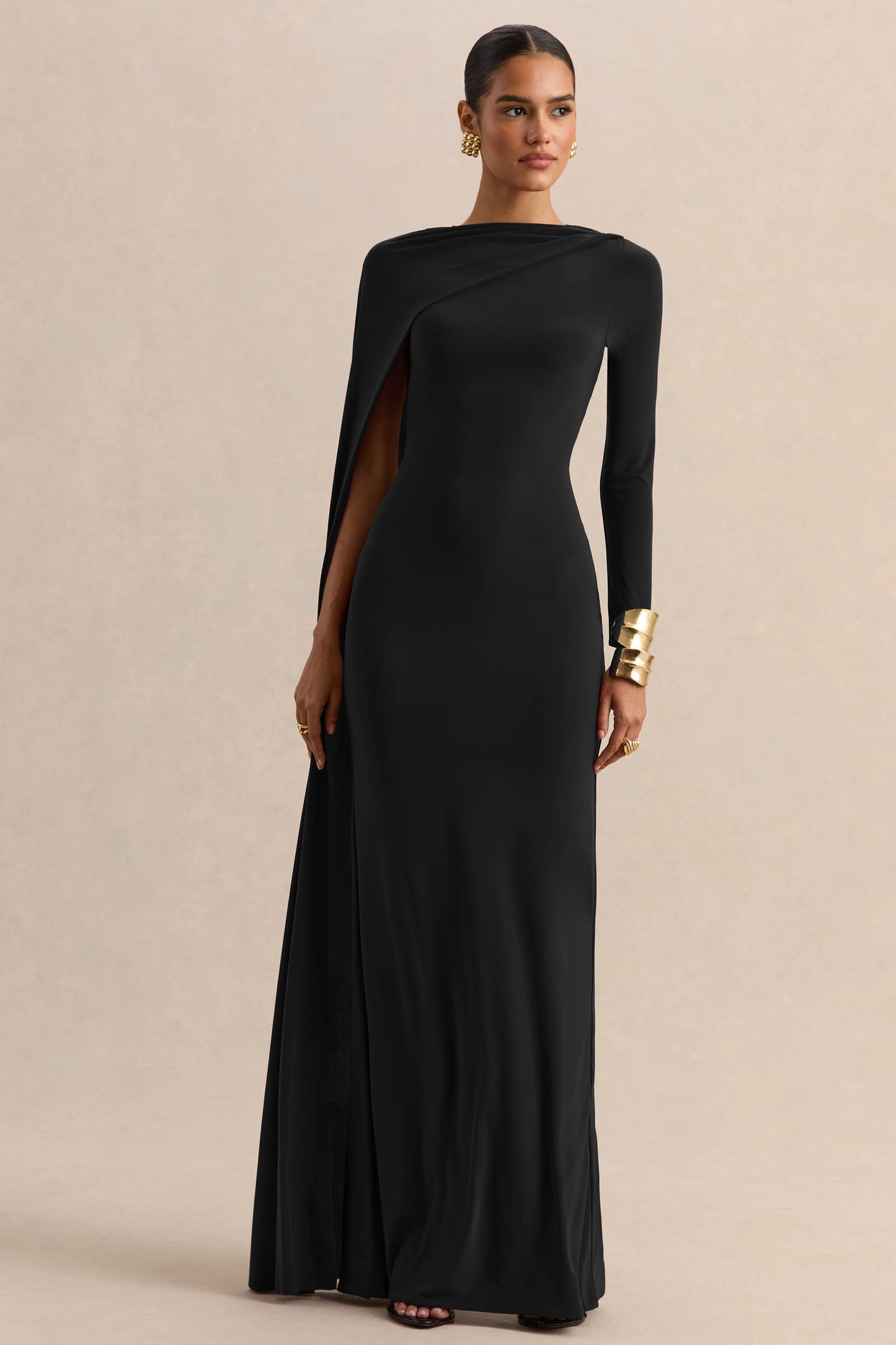 Halina Black High-Neck Maxi Dress With Cape-Sleeve
