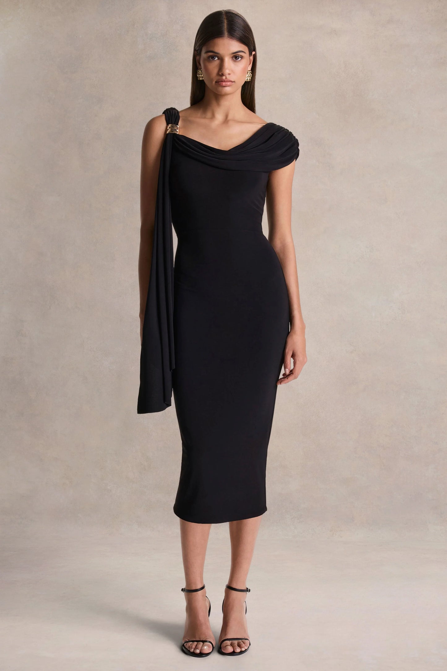 Mirelda Black Asymmetric-Neck Midi Dress With Gold-Detail