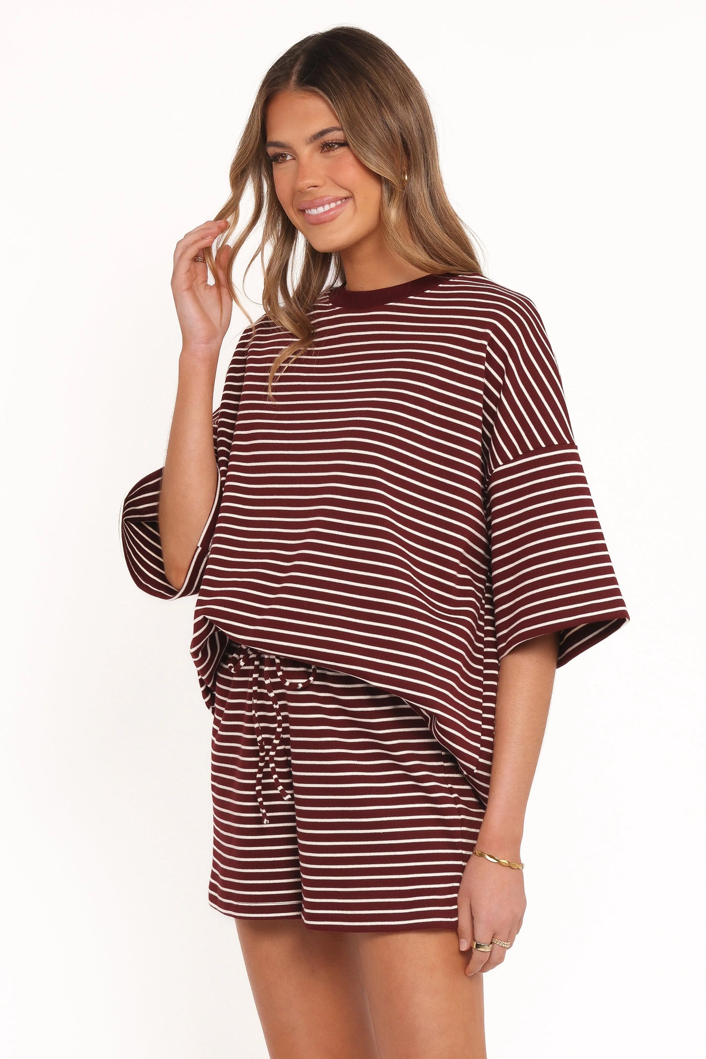 Hellen Stripe Short Set - Burgundy Cream Stripe