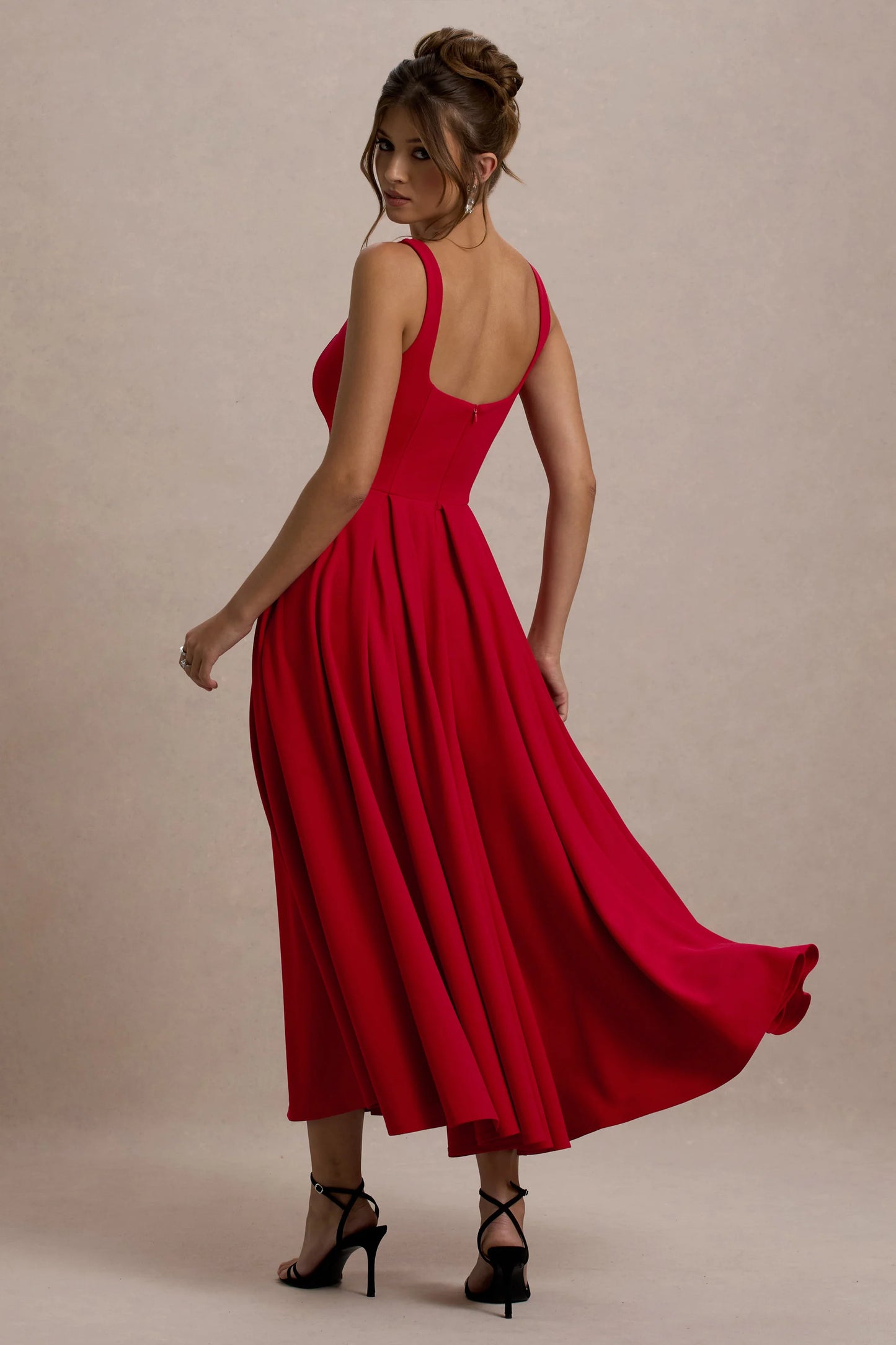Parina Red Strappy Volume-Hem Midi Dress