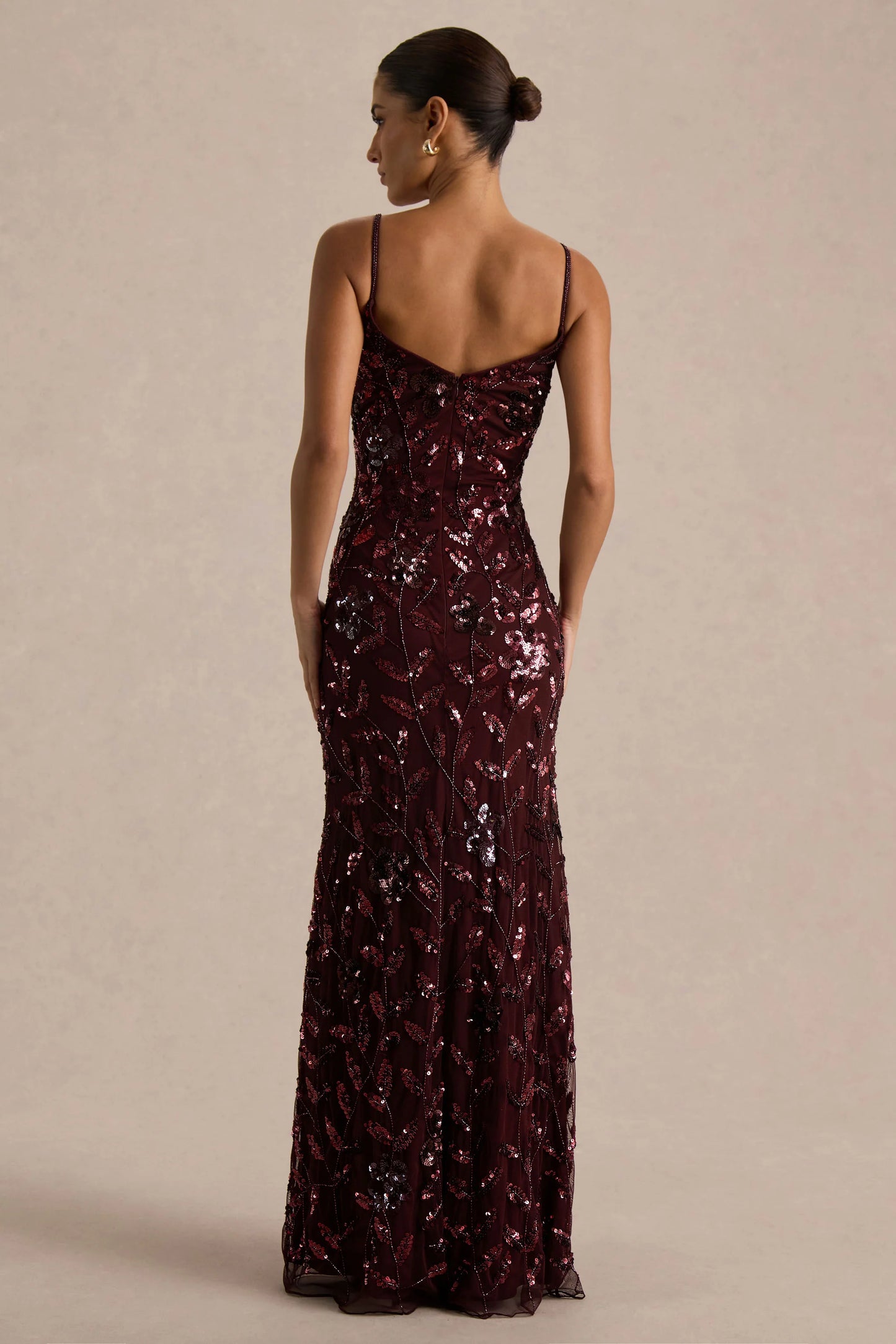 Gemini Burgundy Floral Sequin Embellished Strappy Maxi Dress