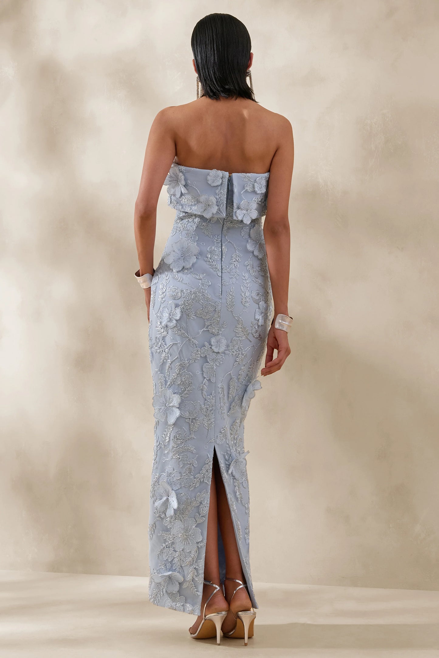 Misha Light Blue 3D Floral Bandeau Maxi Dress