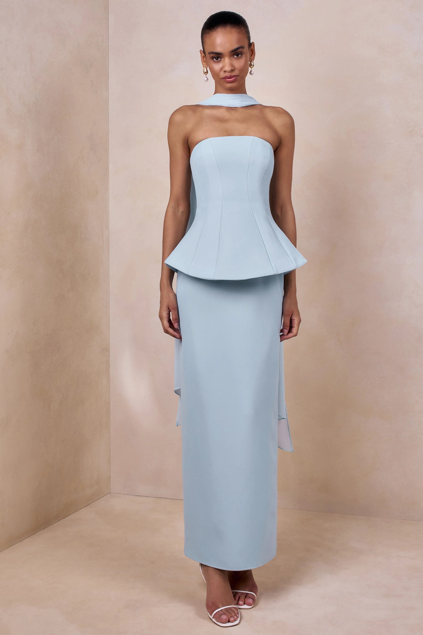 Farron Powder Blue Bandeau Corset Maxi Dress