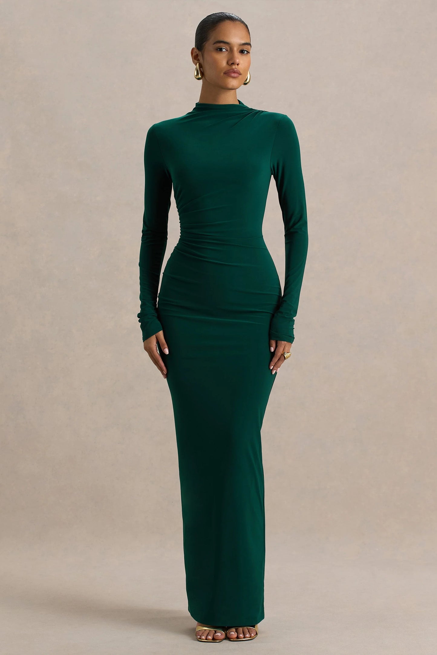 Eden Bottle Green High-Neck Maxi Dress With Ruched Detailing