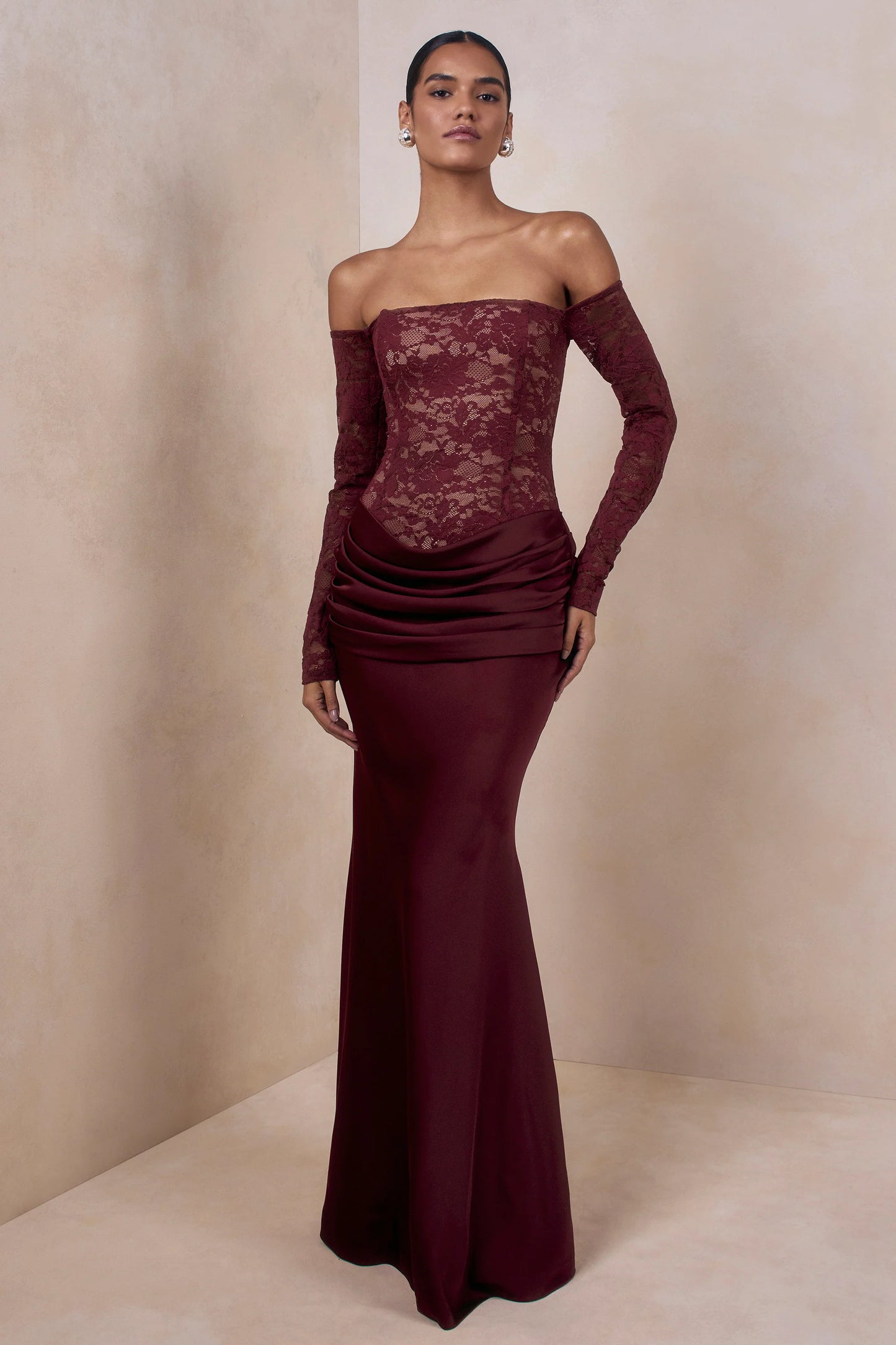 Rinna Burgundy Lace Bardot-Neck Maxi Dress