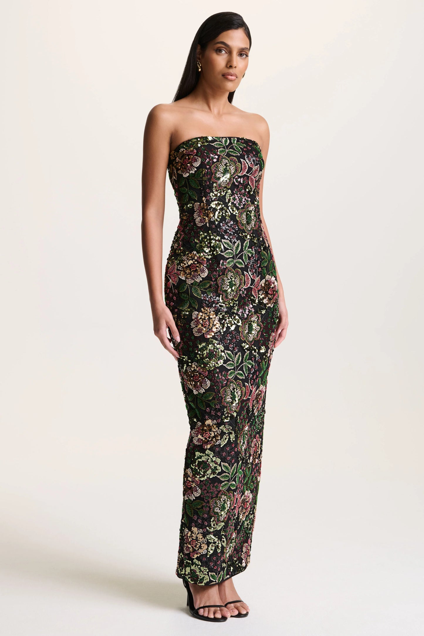 Cora Winter Floral Embellished Mesh Bandeau Maxi Dress With Scarf