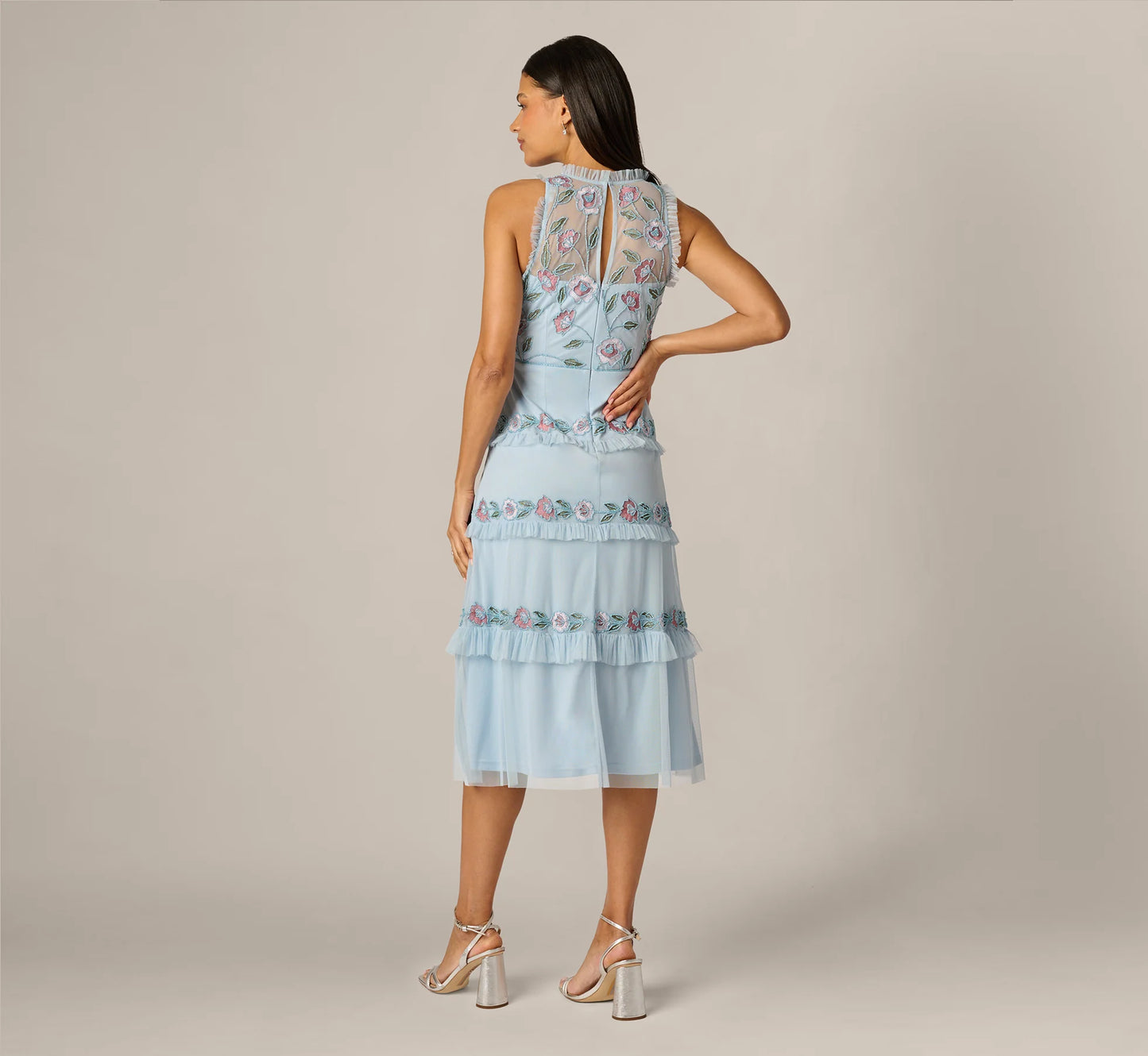 Sleeveless Floral Beaded Embroidery Ruffle Midi Dress In Elegant Sky Multi